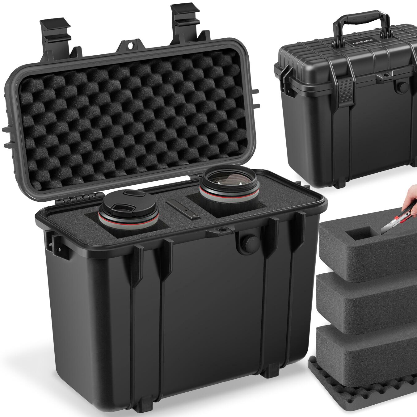 tectake® Kamerakoffer, aus robuster Hartschale mit 4 dicken Schaumstoffeinlagen, wasserdicht und temperaturbeständig, 41 x 22 x 34 cm