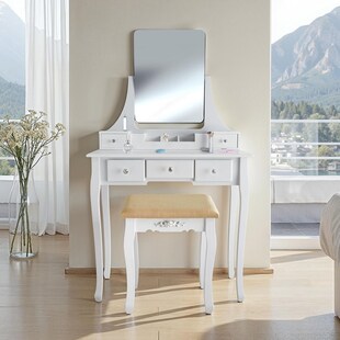 tectake® Schminktisch, mit gepolstertem Hocker, 5 Schubladen, abnehmbares Kosmetikfach, 80 x 40 x 138 cm 