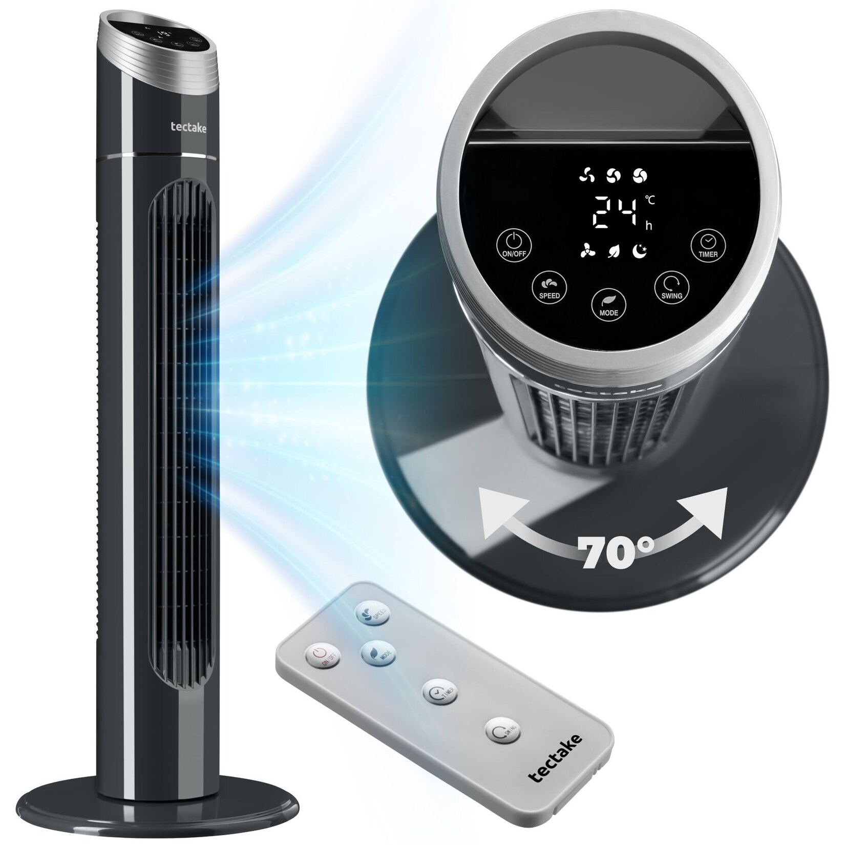 tectake® Turmventilator, oszillierend, mit Timer-Funktion, 31 x 90 cm