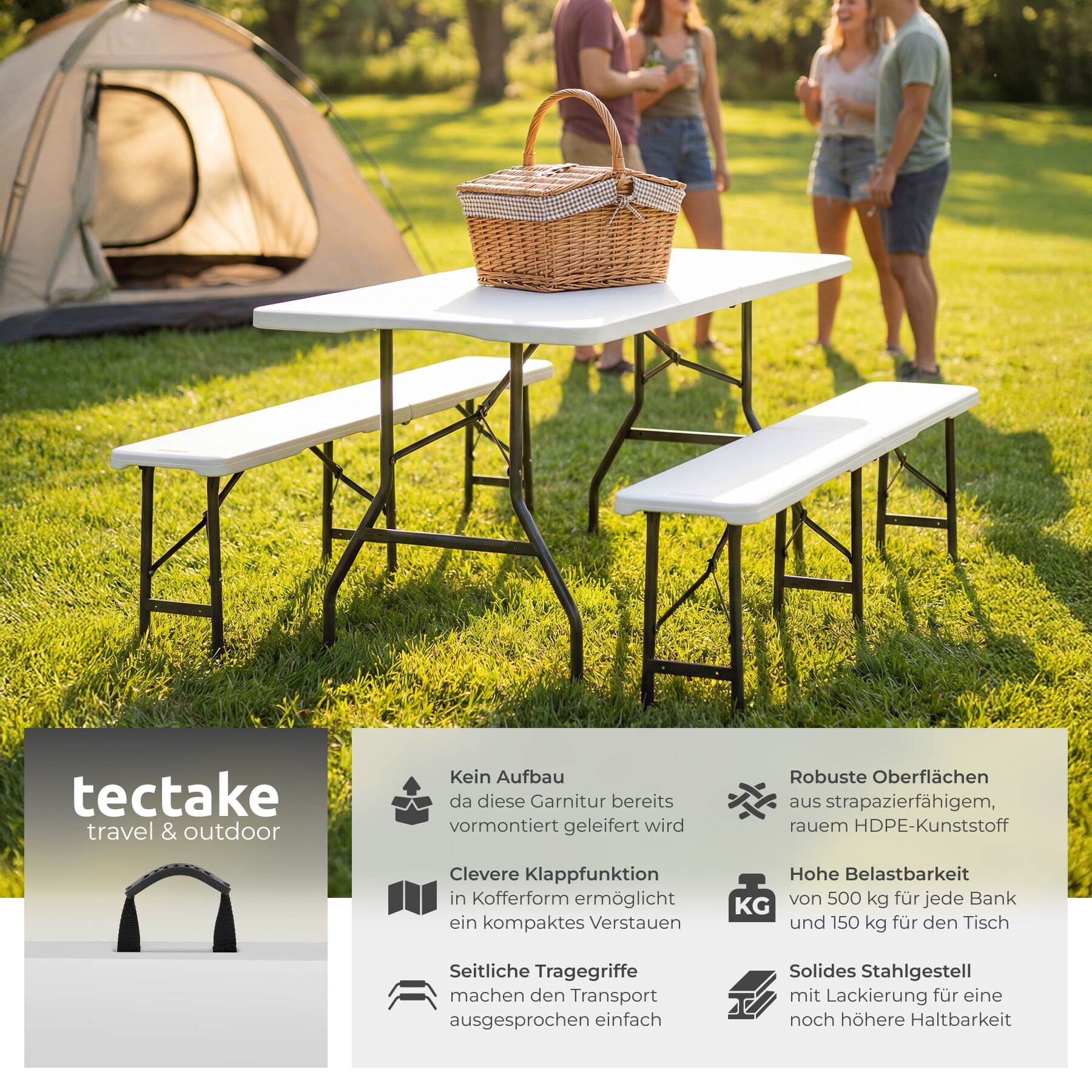 tectake Campingtischgarnitur , klappbar, hohe Belastbarkeit, mit  Tragegriffen bei Marktkauf online bestellen