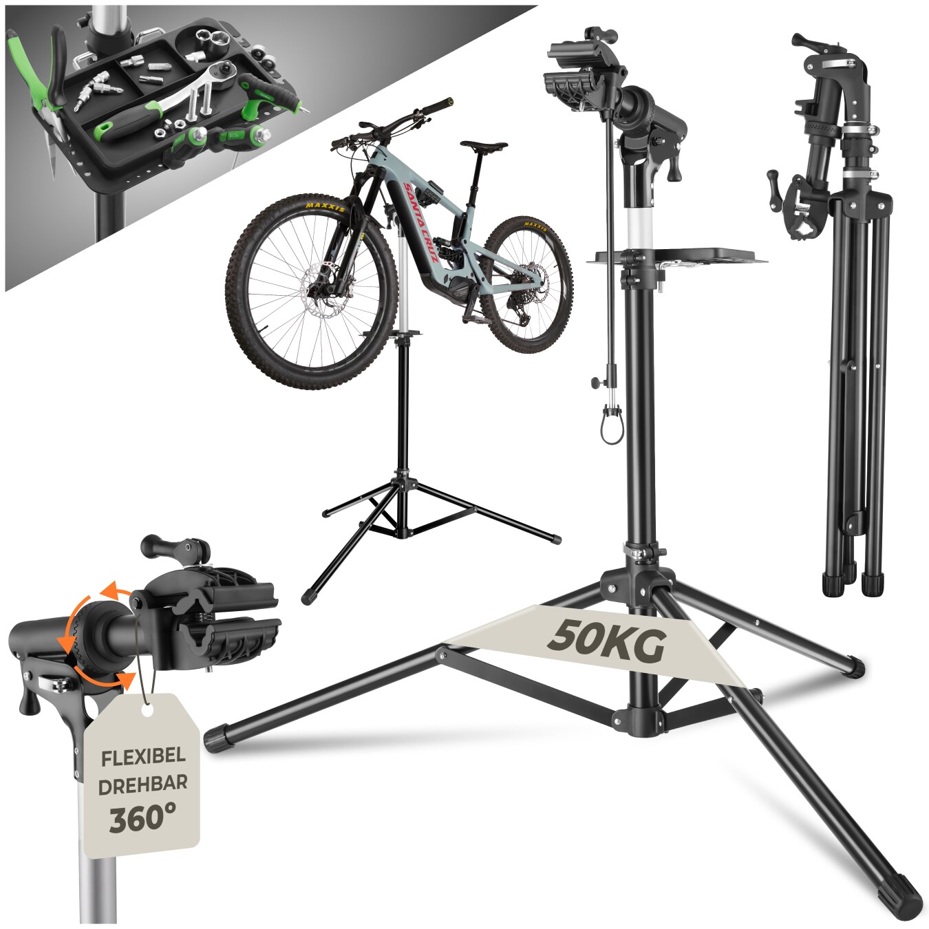 tectake&reg; Fahrradmontagest&auml;nder, Belastbarkeit 50 kg, klappbar mit Schnellverschl&uuml;ssen, lackschonend, inklusive Vorderrad-Stabilisator und magnetischer Werkzeugablage 