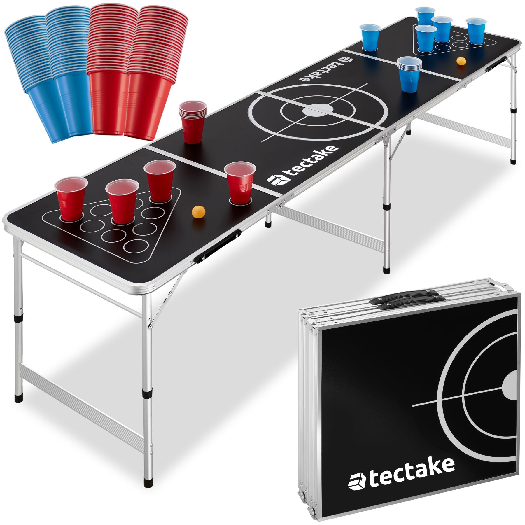 tectake&reg; Bierpong-Tisch, aus Aluminium, bodenschonende Kunststofff&uuml;&szlig;e, inklusive 100 Bechern und 6 B&auml;llen 