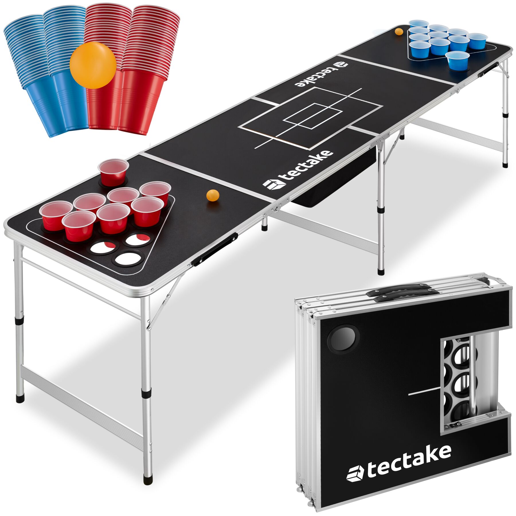 tectake&reg; Bierpong-Tisch, aus Aluminium mit Eisfach, bodenschonende Kunststofff&uuml;&szlig;e, inklusive 100 Bechern und 6 B&auml;llen 