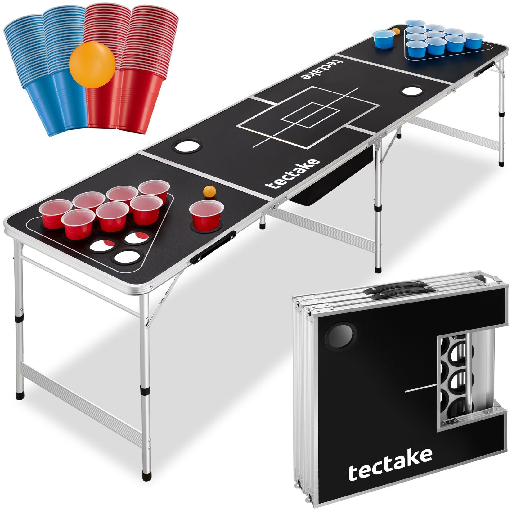 tectake Aluminium Bierpongtisch, mit Eisfach, klappbar, bodenschonende Kunststofffüße, inklusive 100 Bechern und 6 Bällen