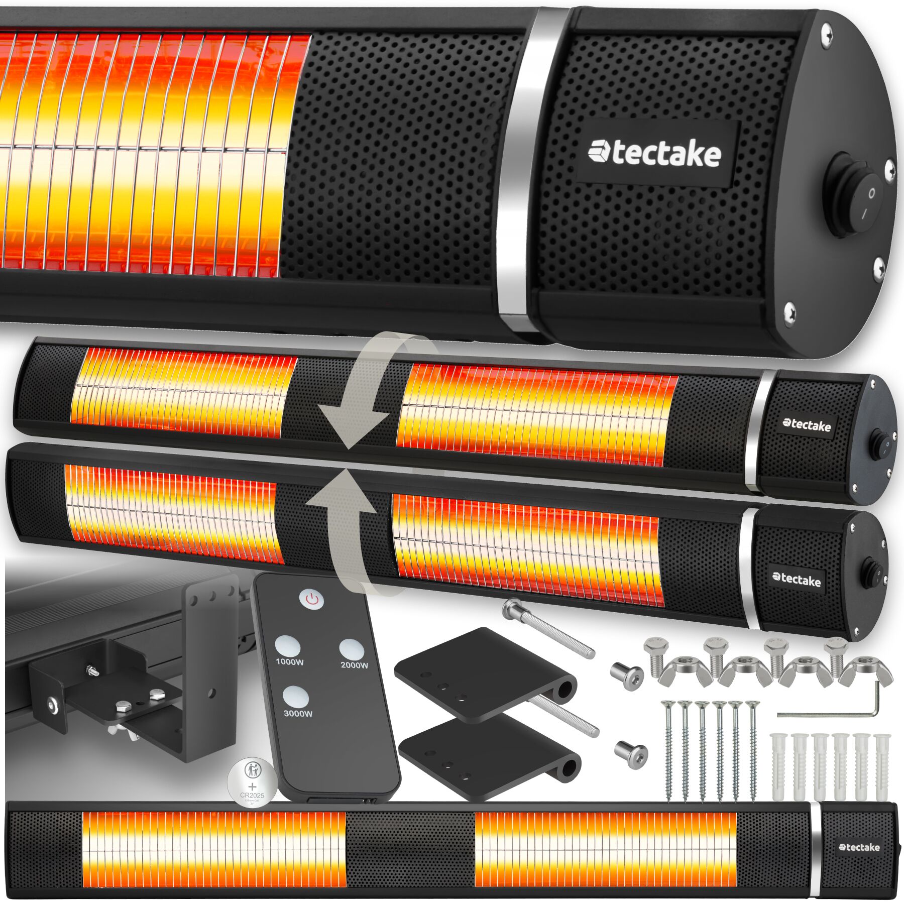 tectake&reg; Infrarotheizstrahler , 3 Leistungsstufen, 1000, 2000 und 3000 W, Aluminiumgeh&auml;use, neigbar, einfache Montage, 95 x 11 x 10,5 cm 