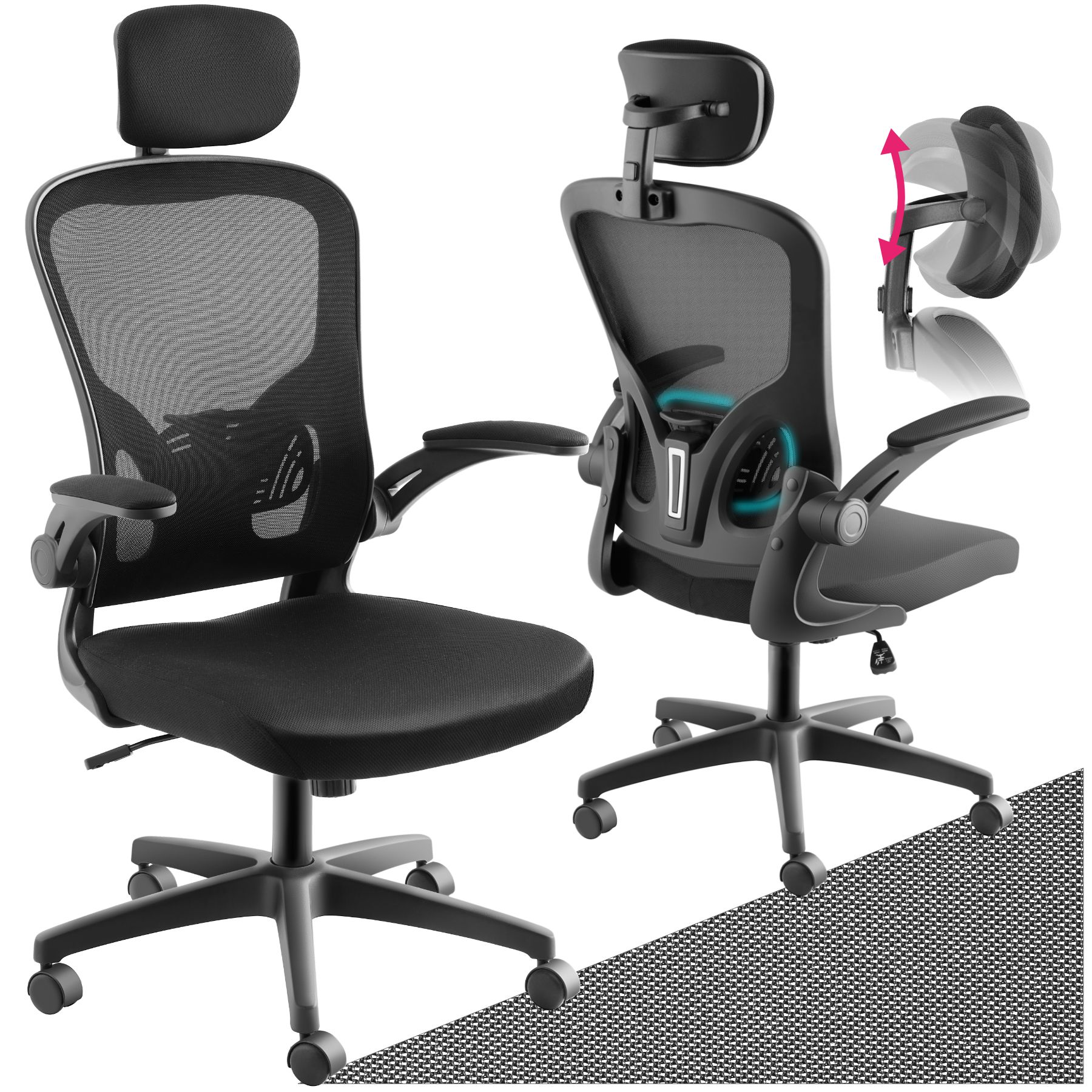 tectake&reg; B&uuml;rostuhl, ergonomische Form mit verstellbarer Lordosenst&uuml;tze und verstellbarer Kopfst&uuml;tze, mit Netzstoffbezug, klappbare Armlehnen und Wippfunktion, stufenlos h&ouml;henverstellbar 