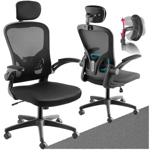 tectake® Bürostuhl, ergonomische Form mit verstellbarer Lordosenstütze und verstellbarer Kopfstütze, mit Netzstoffbezug, klappbare Armlehnen und Wippfunktion, stufenlos höhenverstellbar 