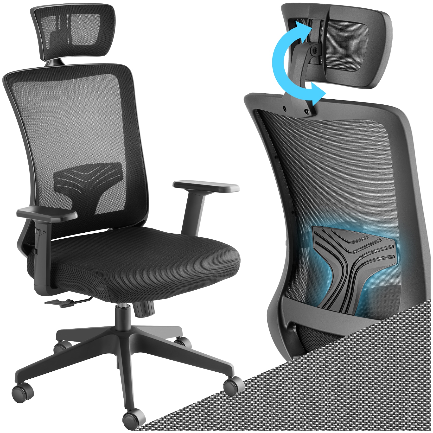 tectake&reg; B&uuml;rostuhl, ergonomische Form mit Lordosenst&uuml;tze und verstellbarer Kopfst&uuml;tze, mit Netzstoffbezug, h&ouml;henverstellbare Armlehnen und Wippfunktion, stufenlos h&ouml;henverstellbar 