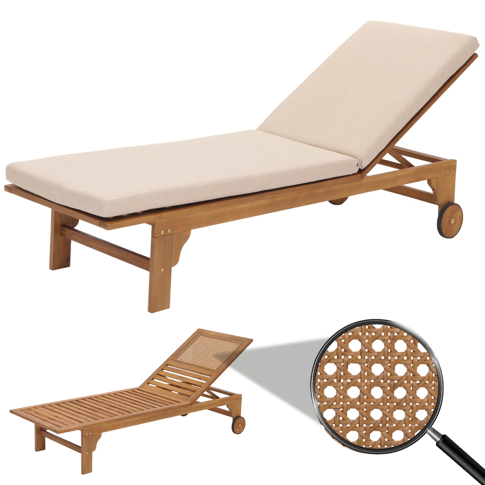 Sonnenliege MCW-N48, Gartenliege Relaxliege Liegestuhl, Massiv-Holz Akazie MVG-zertifiziert ~ Kissen creme-beige