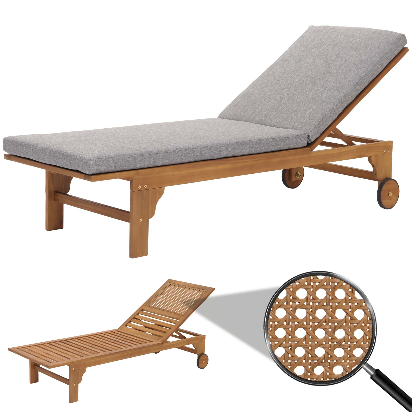 Sonnenliege MCW-N48, Gartenliege Relaxliege Liegestuhl, Massiv-Holz Akazie MVG-zertifiziert ~ Kissen grau