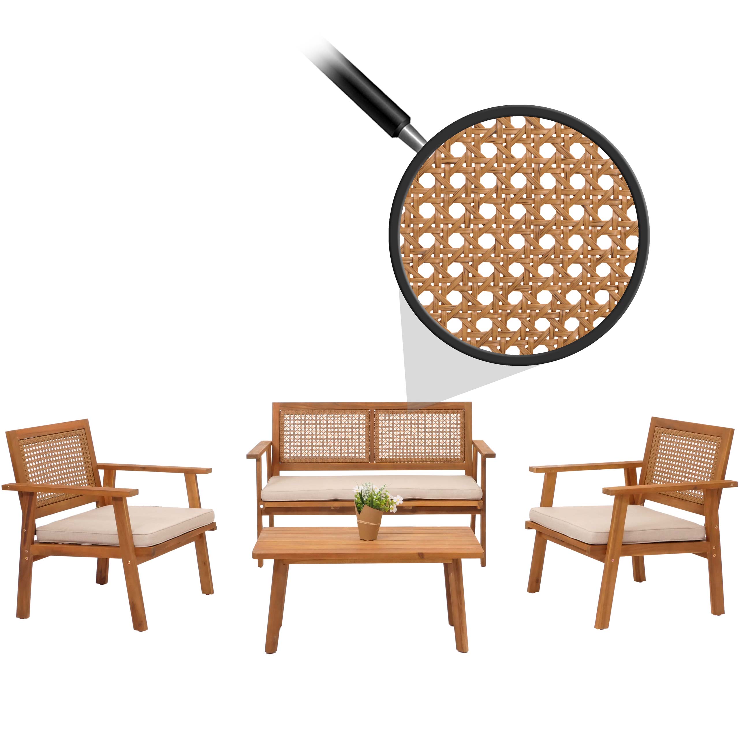 Garten-Garnitur MCW-N46, Lounge-Set Gartenlounge Bank Sessel Tisch, Holz Akazie MVG-zertifiziert ~ Kissen creme 