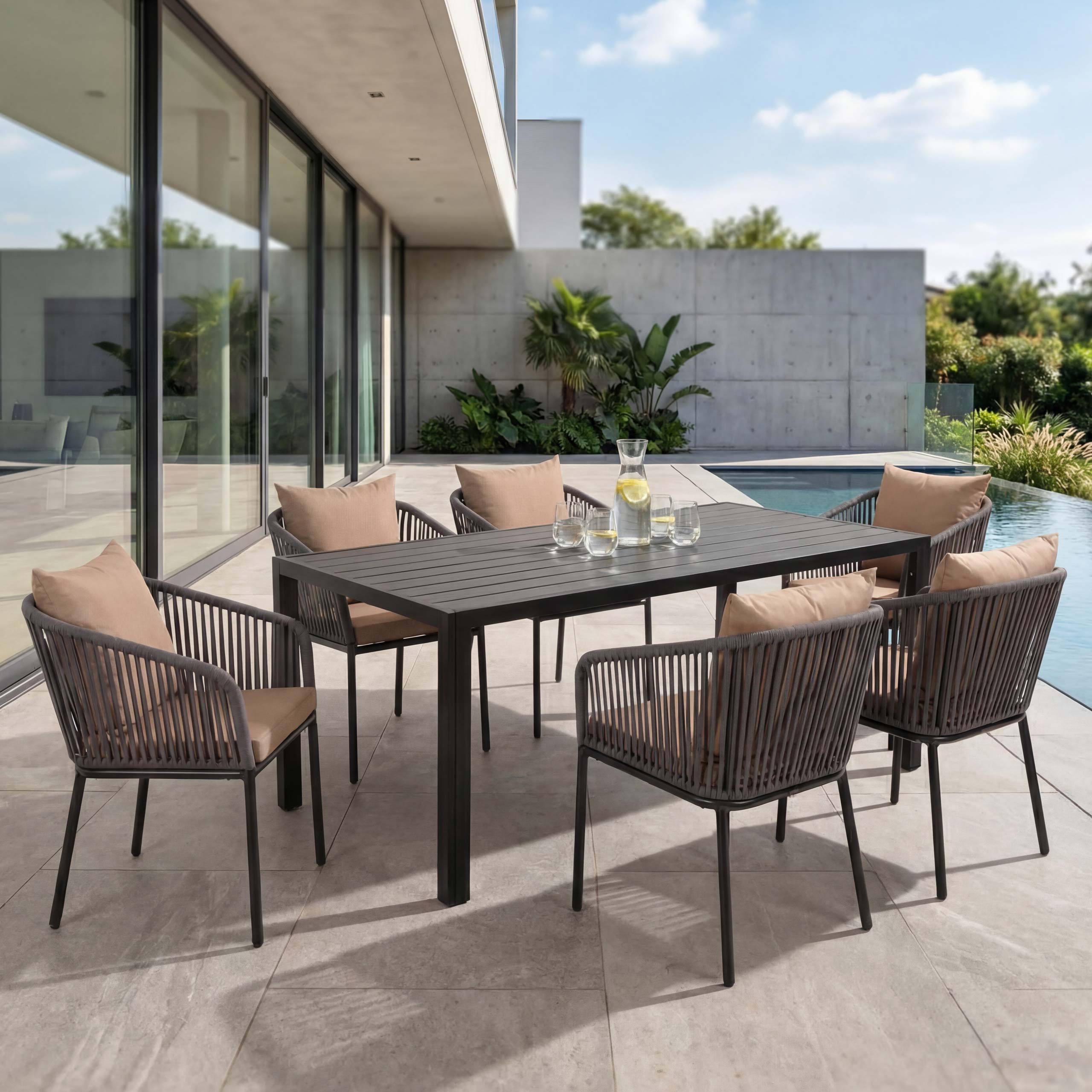 Gartengarnitur MCW-N41, Tisch+6xStuhl, wetterfest Alu 180x80cm, Seilgeflecht Rope ~ anthrazit Kissen taupe 