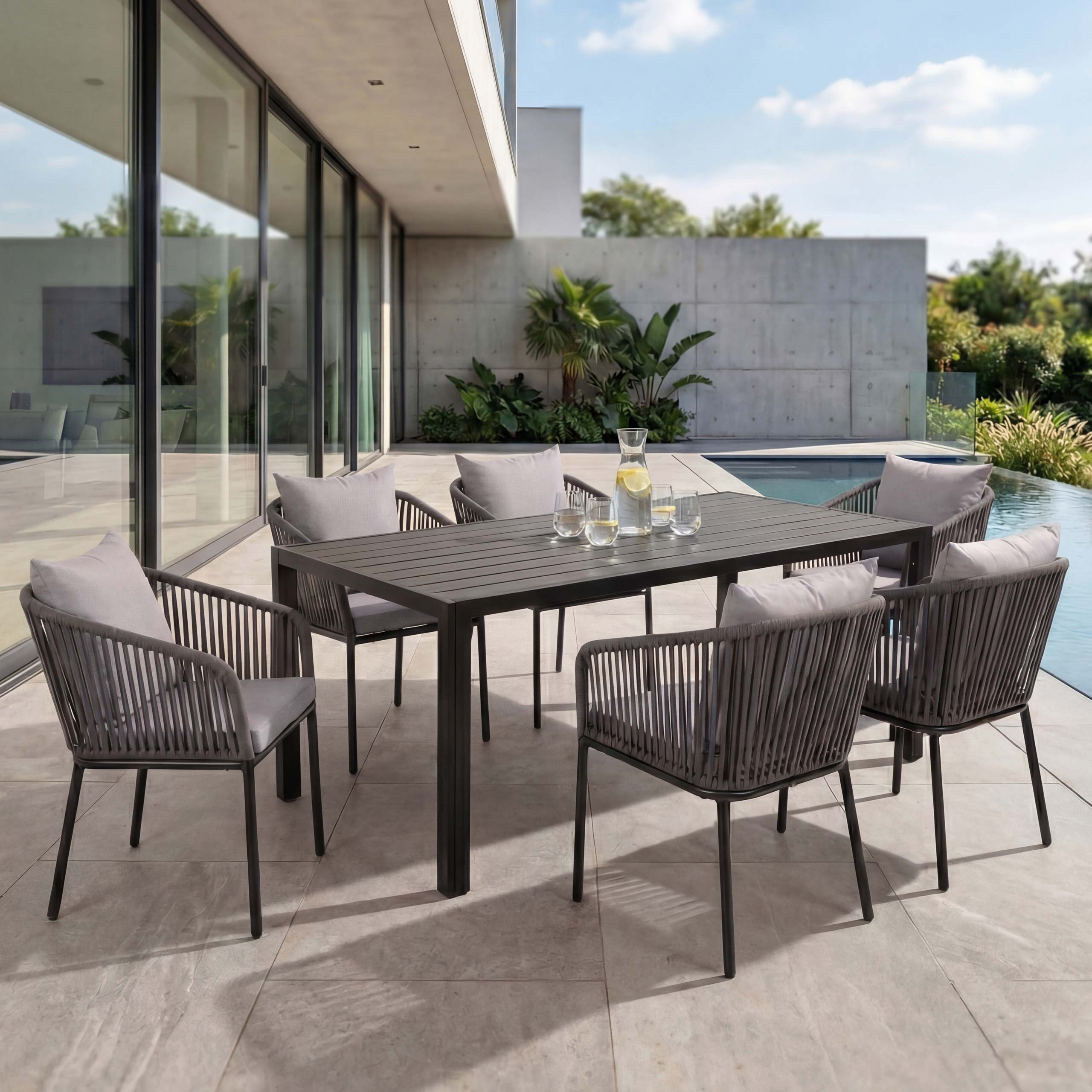 Gartengarnitur MCW-N41, Tisch+6xStuhl, wetterfest Alu 180x80cm, Seilgeflecht Rope ~ anthrazit Kissen grau 