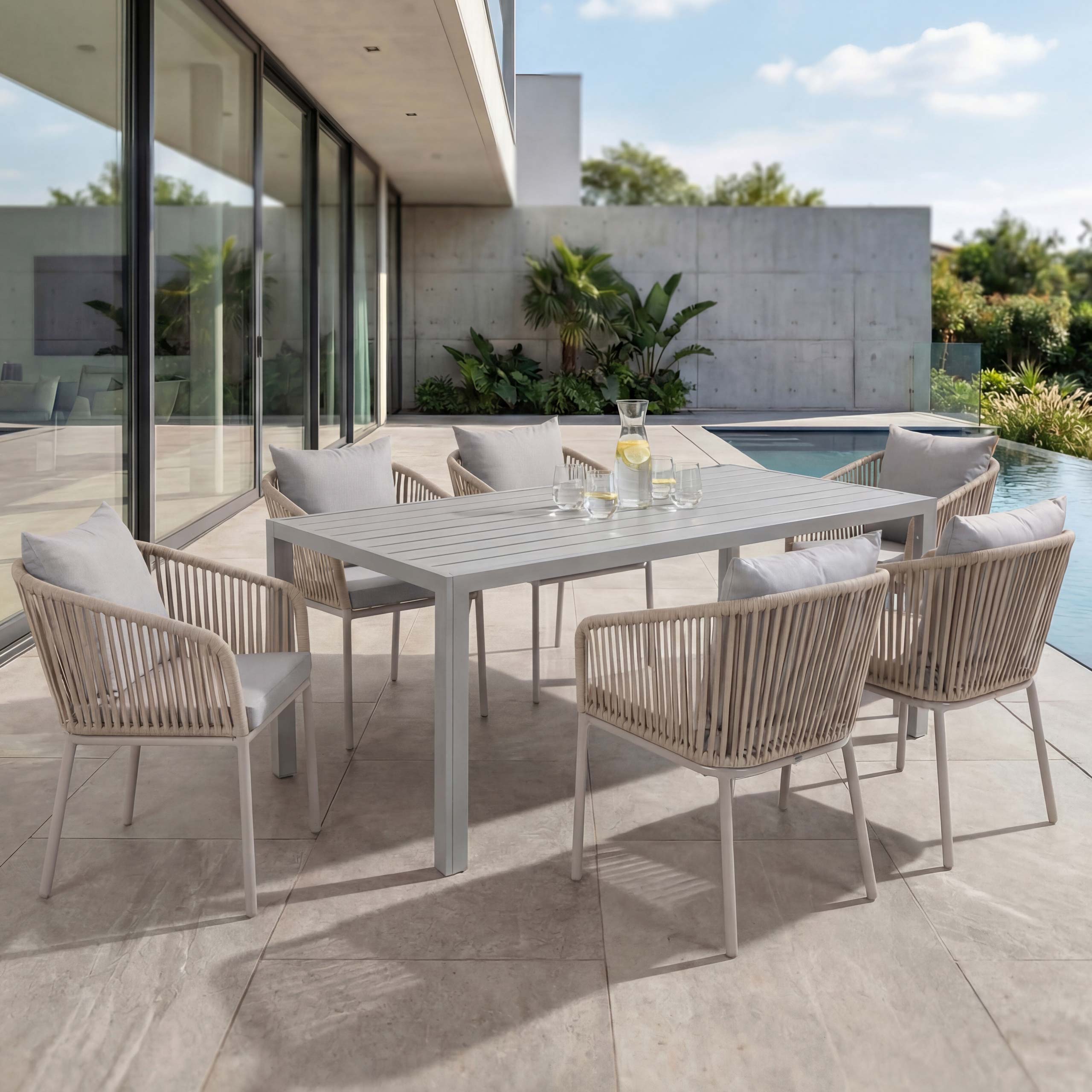 Gartengarnitur MCW-N41, Tisch+6xStuhl, wetterfest Alu 180x80cm, Seilgeflecht Rope ~ grau Kissen grau 