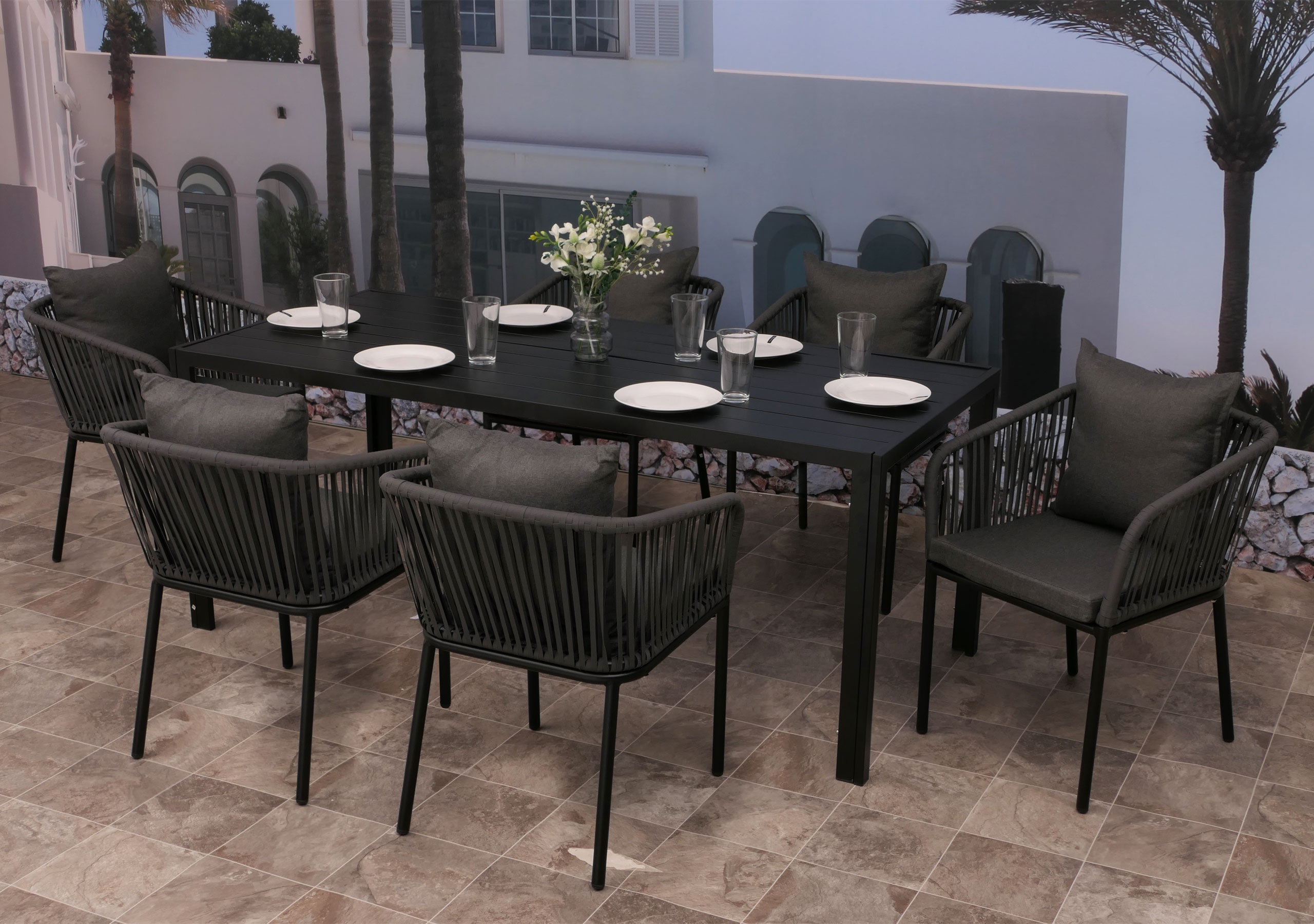 Gartengarnitur MCW-N41, Tisch+6xStuhl, wetterfest Alu 180x80cm, Seilgeflecht Rope ~ anthrazit, Kissen dunkelgrau 