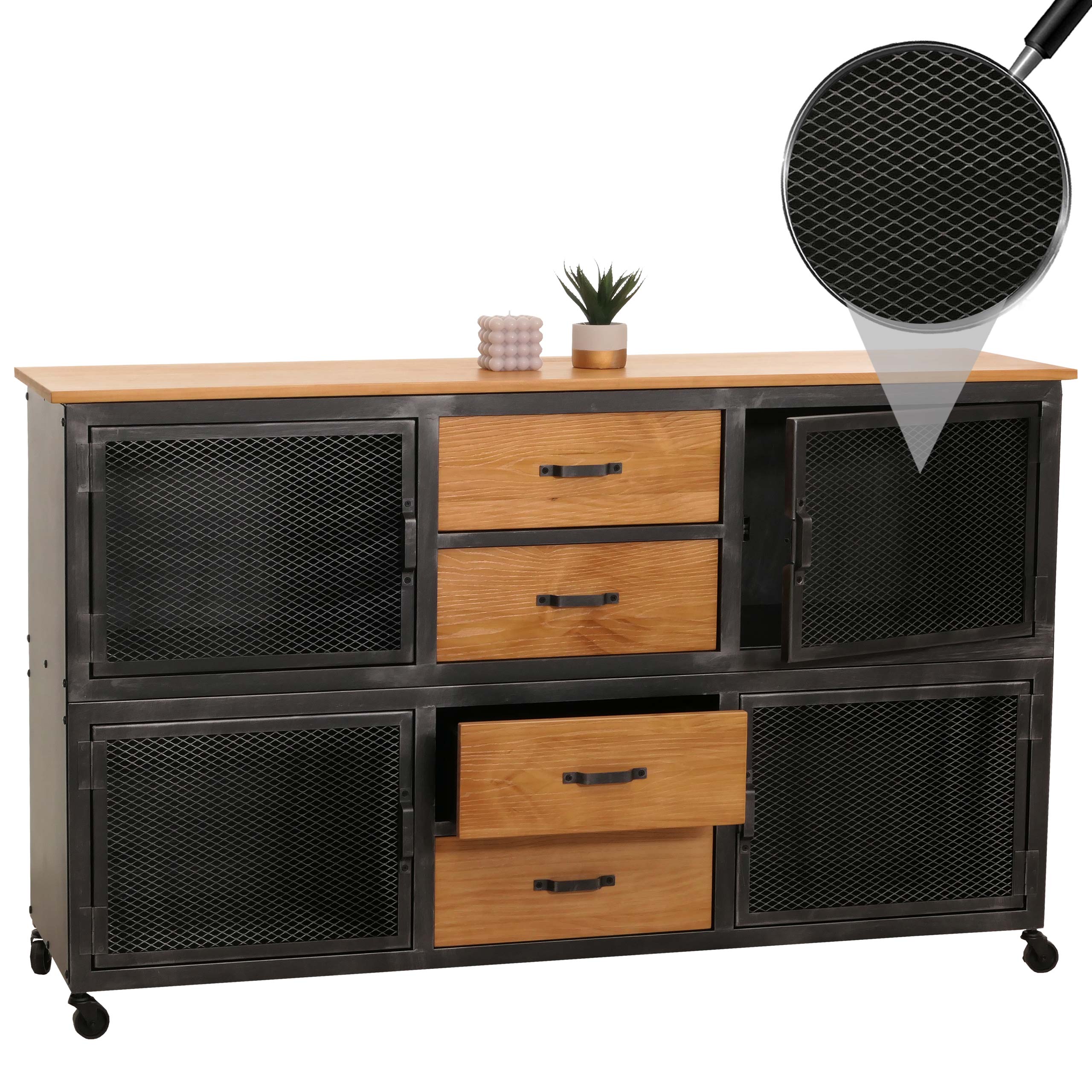 Sideboard MCW-N28, Kommode, Rollen 4 Schubladen, 3D-Struktur Industrial Retro Metall Holz 90x150x40cm ~ schwarz, natur 