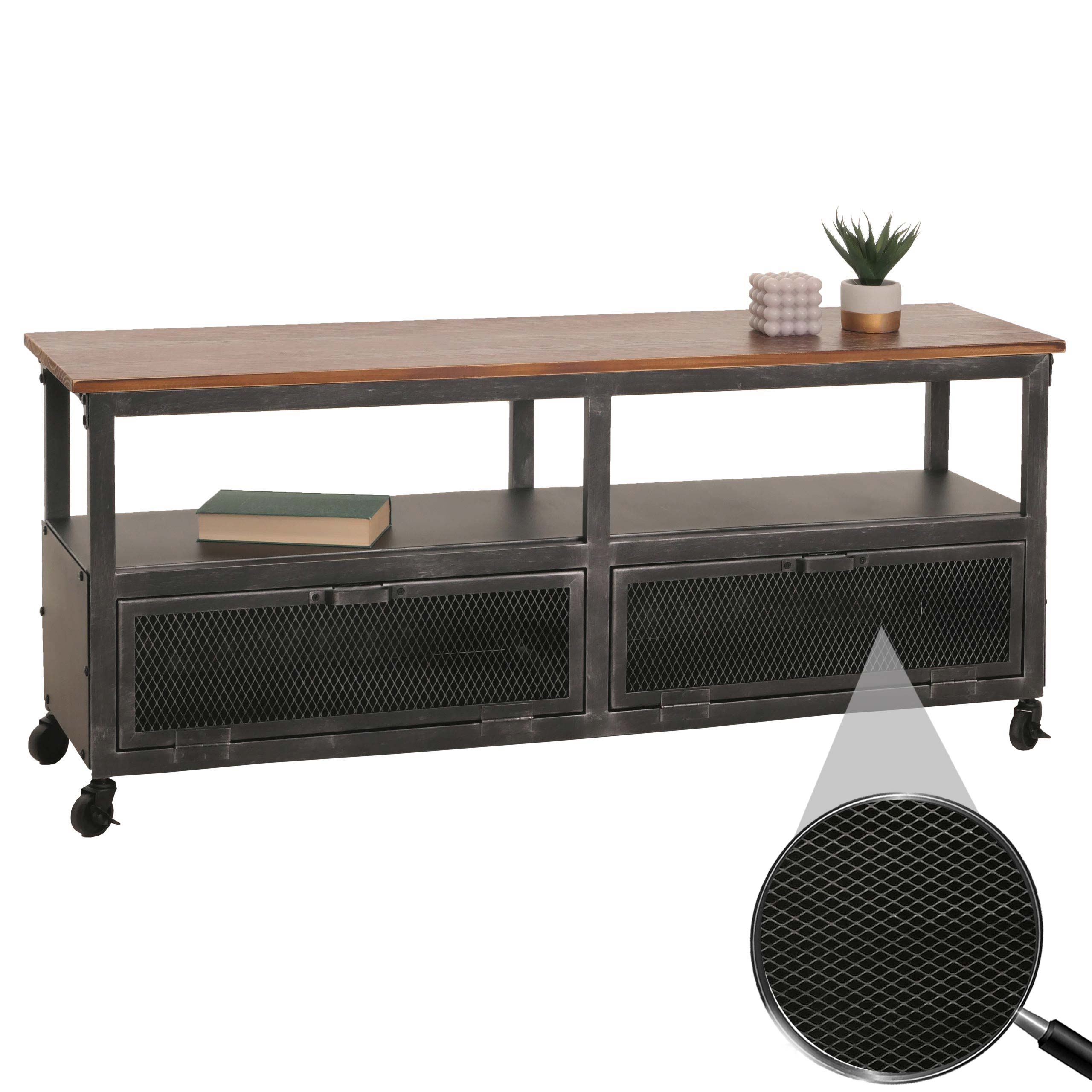 Lowboard MCW-N28, TV-Rack, Rollen 2 F&auml;cher, 3D-Struktur Industrial Retro Metall Holz 55x130x36cm ~ schwarz, braun 