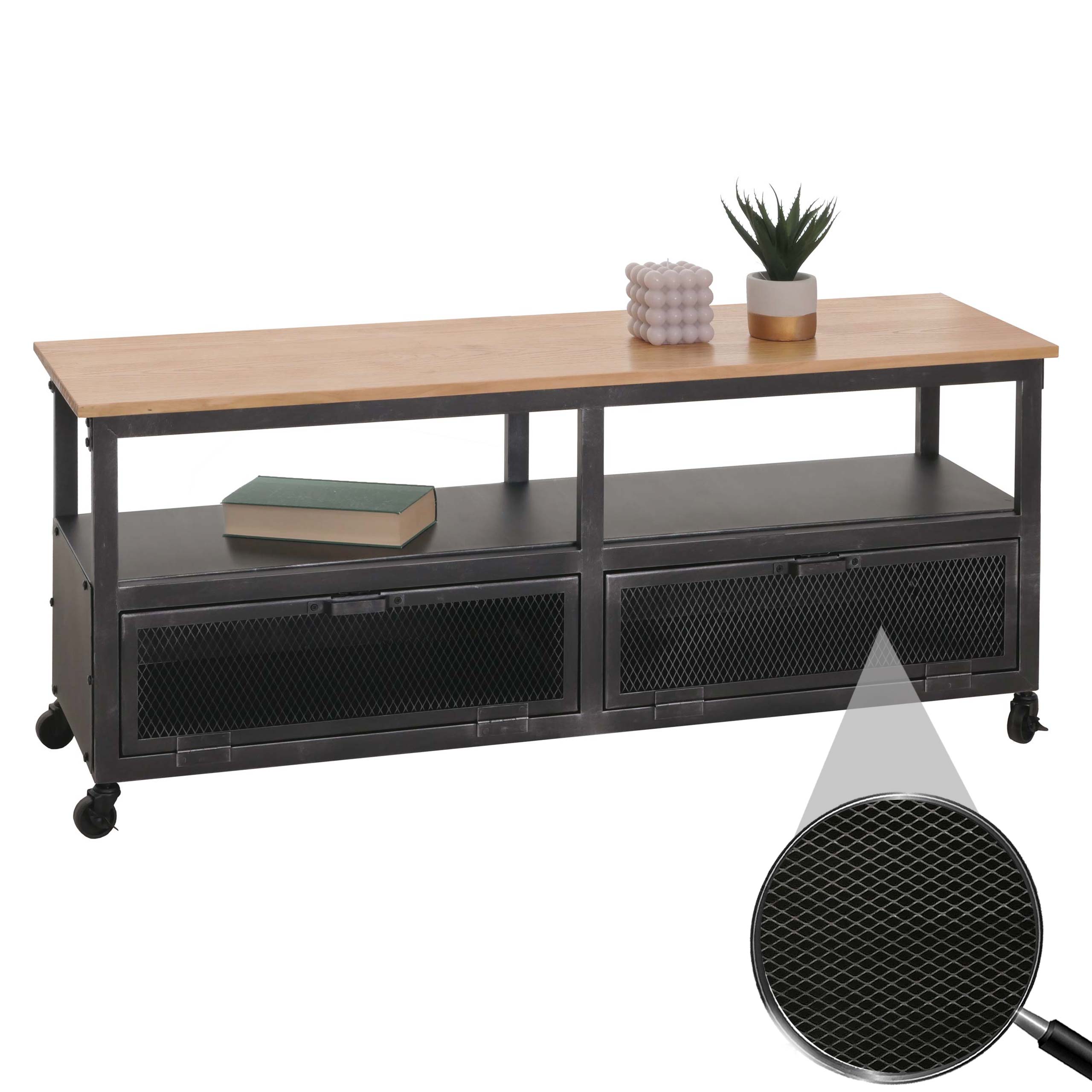 Lowboard MCW-N28, TV-Rack, Rollen 2 F&auml;cher, 3D-Struktur Industrial Retro Metall Holz 55x130x36cm ~ schwarz, natur 