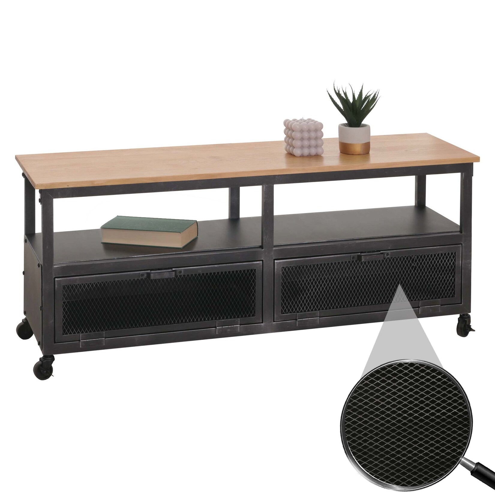 Lowboard MCW-N28, TV-Rack, Rollen 2 Fächer, 3D-Struktur Industrial Retro Metall Holz 55x130x36cm ~ schwarz, natur