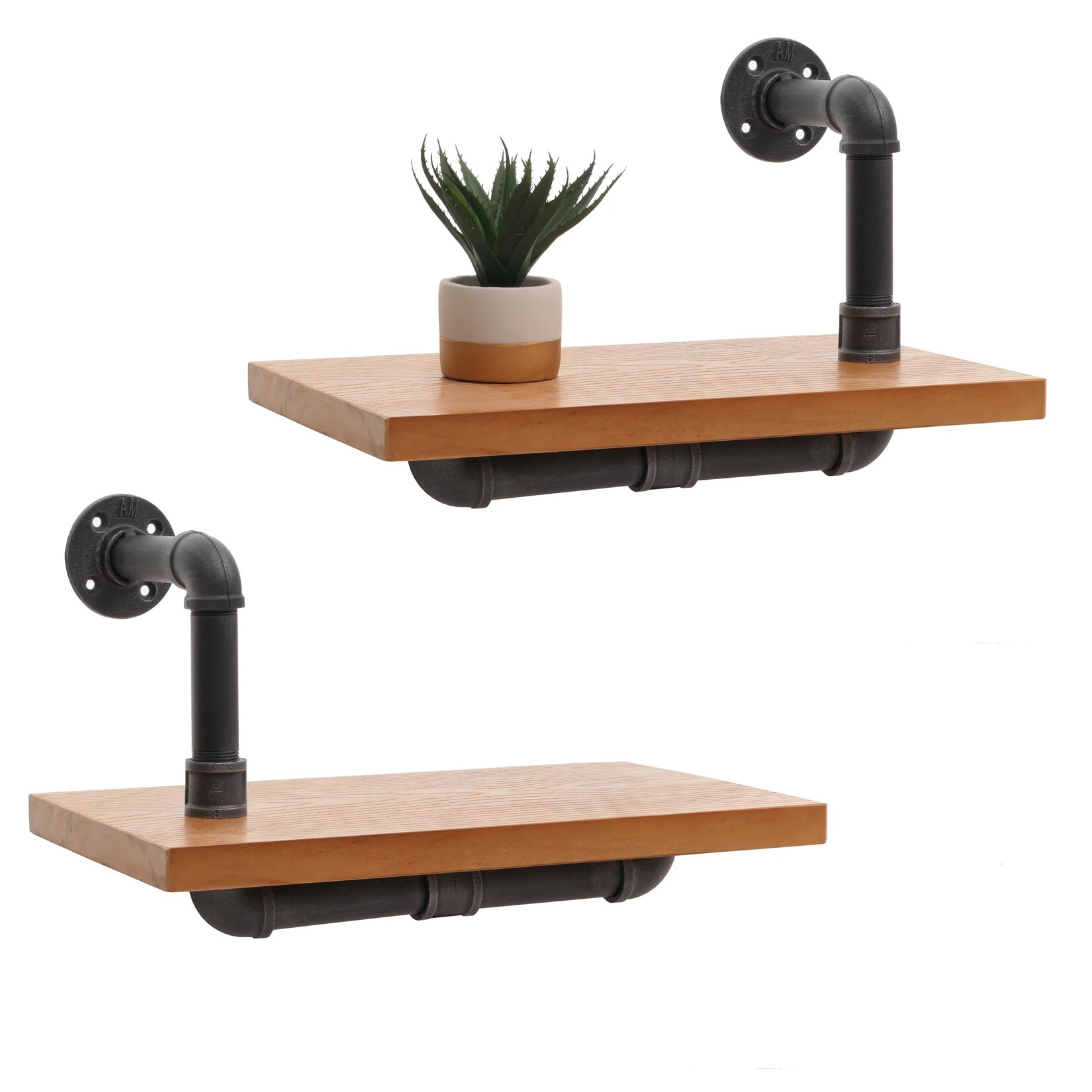 2er-Set Wandregal MCW-N29, Hängeregal Regal Bücherregal, 3D-Struktur Industrial Stahl Massiv-Holz 29x45x25cm ~ natur