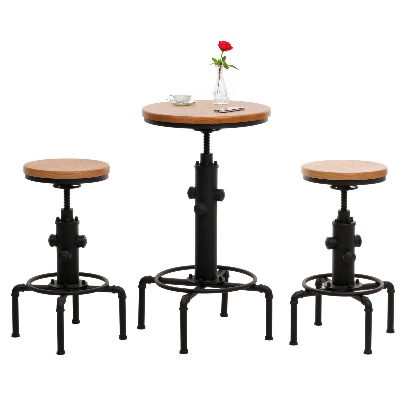 Set Bartisch + 2x Barhocker MCW-N23, Barstuhl Stehtisch höhenverstellbar drehbar Fußablage Industrial Eisen Holz ~ natur