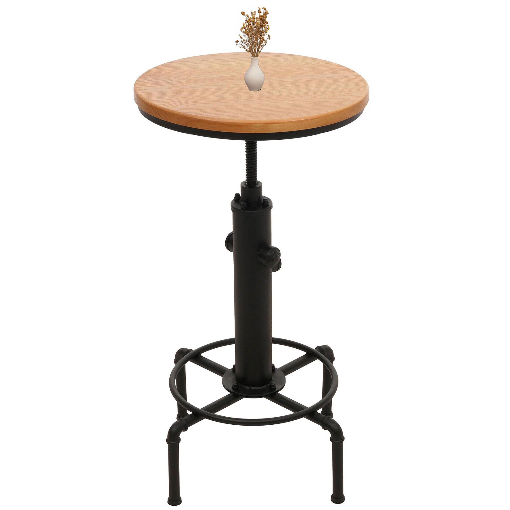 Bartisch MCW-N23, Thekentisch Bistrotisch höhenverstellbar drehbar Fußablage Industrial Eisen Massiv-Holz Ø 50cm ~ natur