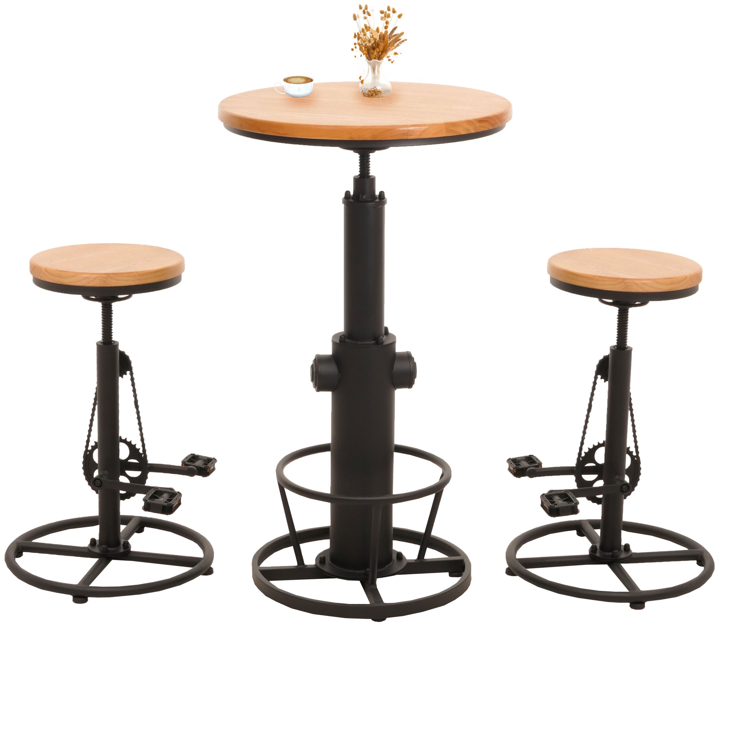 Set Bartisch + 2x Barhocker MCW-N20, Barstuhl Stehtisch h&ouml;henverstellbar drehbar Fu&szlig;ablage Industrial Holz ~ natur 