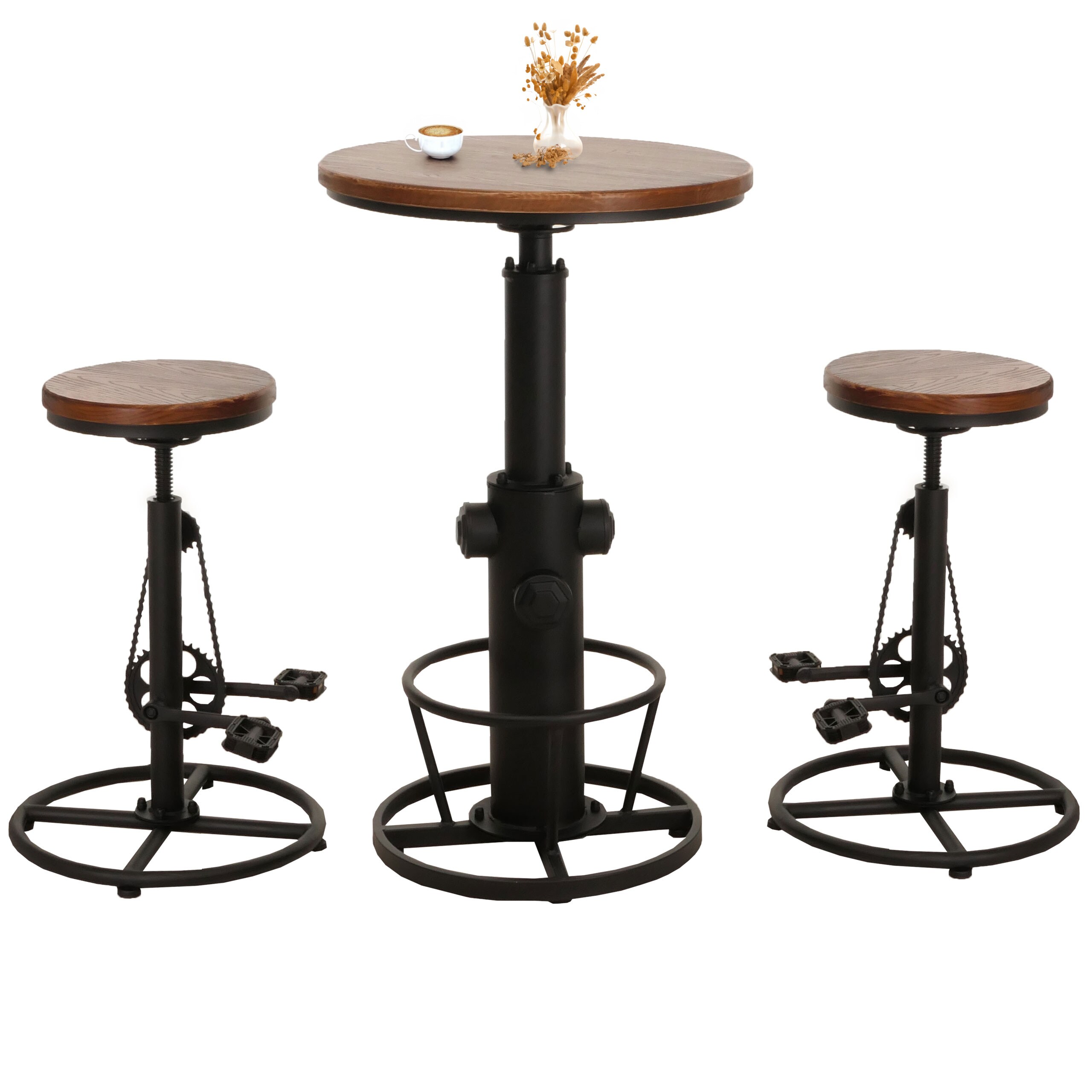Set Bartisch + 2x Barhocker MCW-N20, Barstuhl Stehtisch h&ouml;henverstellbar drehbar Fu&szlig;ablage Industrial Holz ~ braun 
