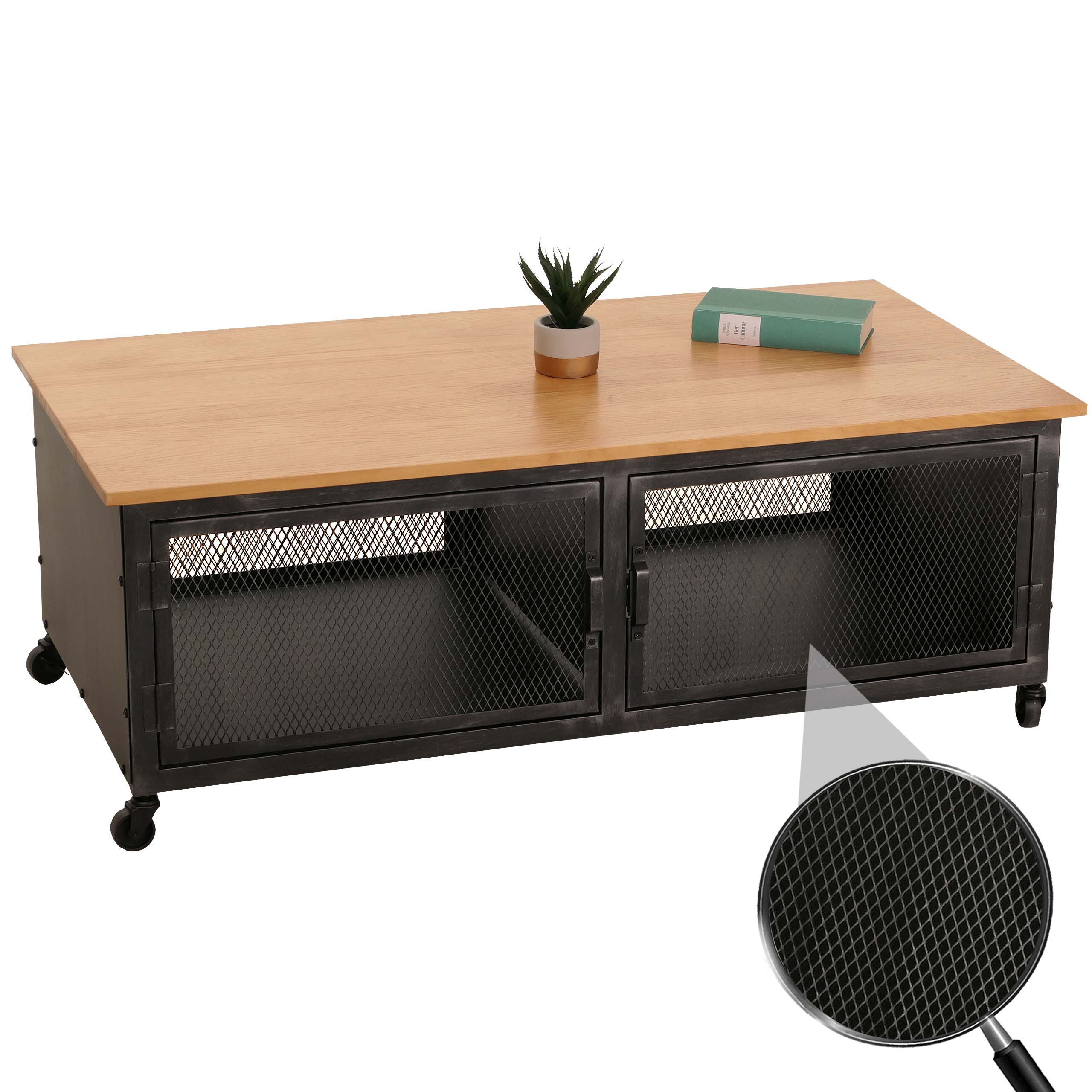 Couchtisch MCW-N28, Sofatisch, Rollen 2 F&auml;cher, 3D-Struktur Industrial Retro Metall Holz 45x120x60cm ~ schwarz, natur 
