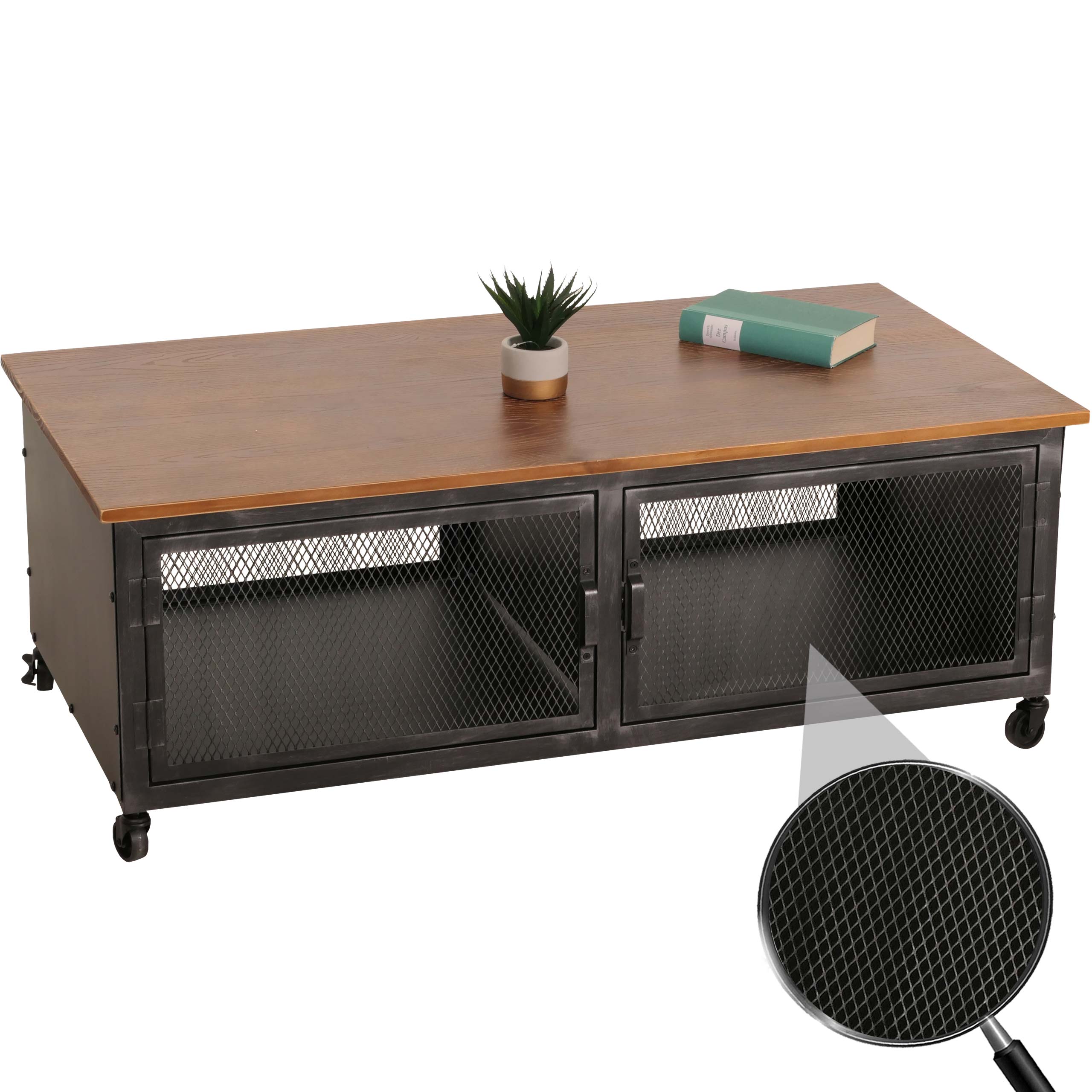 Couchtisch MCW-N28, Sofatisch, Rollen 2 F&auml;cher, 3D-Struktur Industrial Retro Metall Holz 45x120x60cm ~ schwarz, braun 