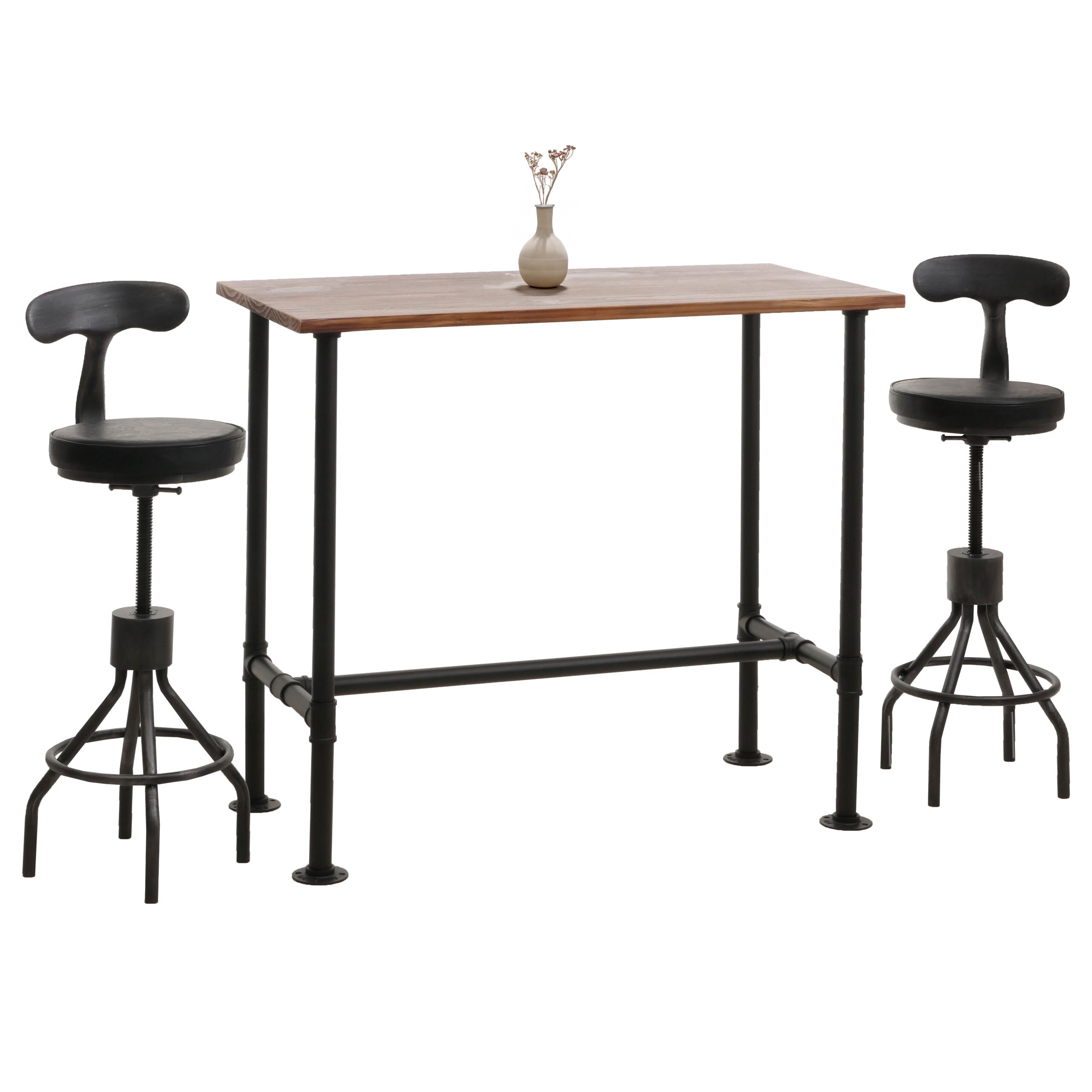 Set Bartisch + 2x Barhocker MCW-N21, h&ouml;henverstellbar drehbar Fu&szlig;ablage, Industrial Metall Kunstleder ~ braun, schwarz 