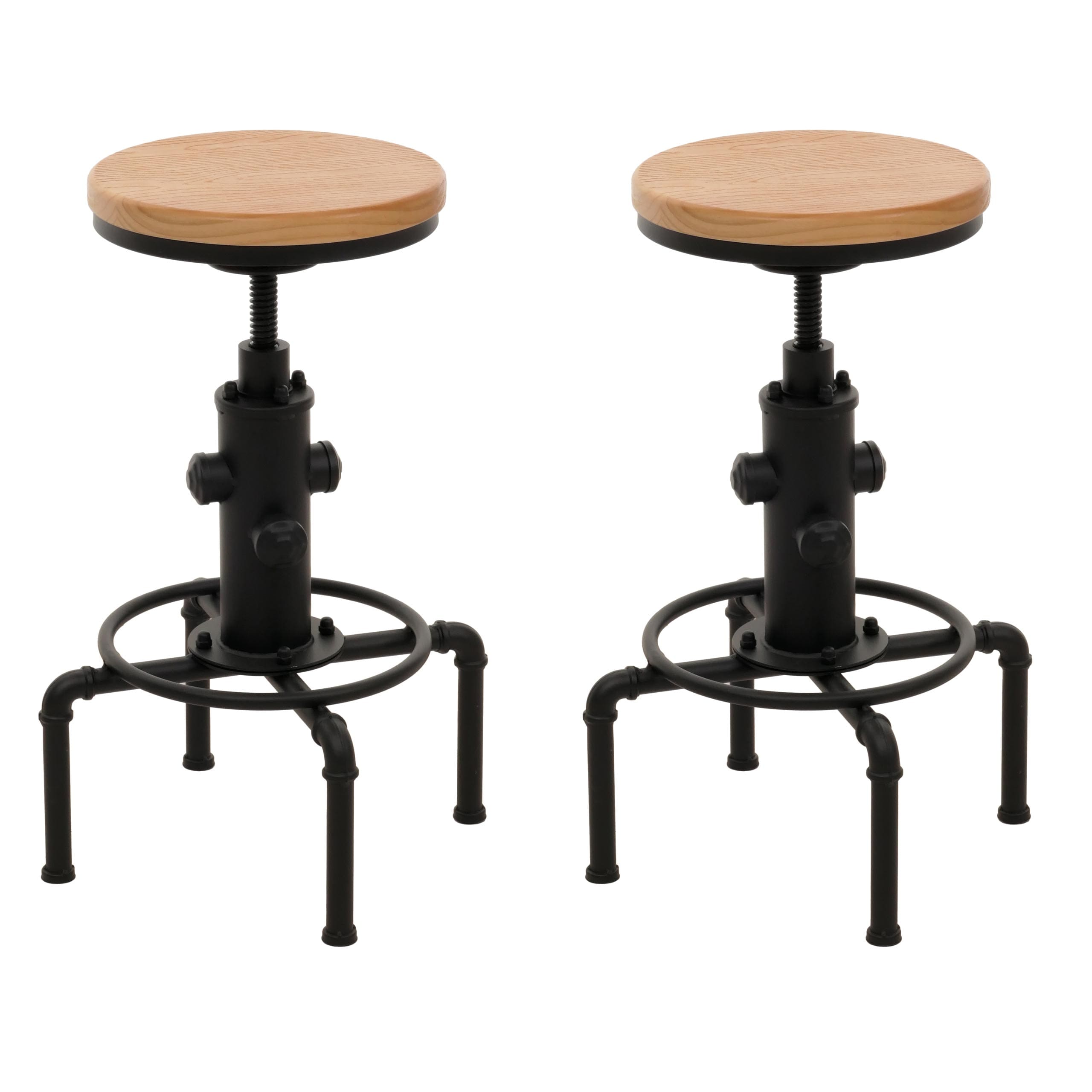 2er-Set Barhocker MCW-N23, Barstuhl Tresenhocker h&ouml;henverstellbar drehbar Fu&szlig;ablage Industrial Eisen Massiv-Holz ~ natur 