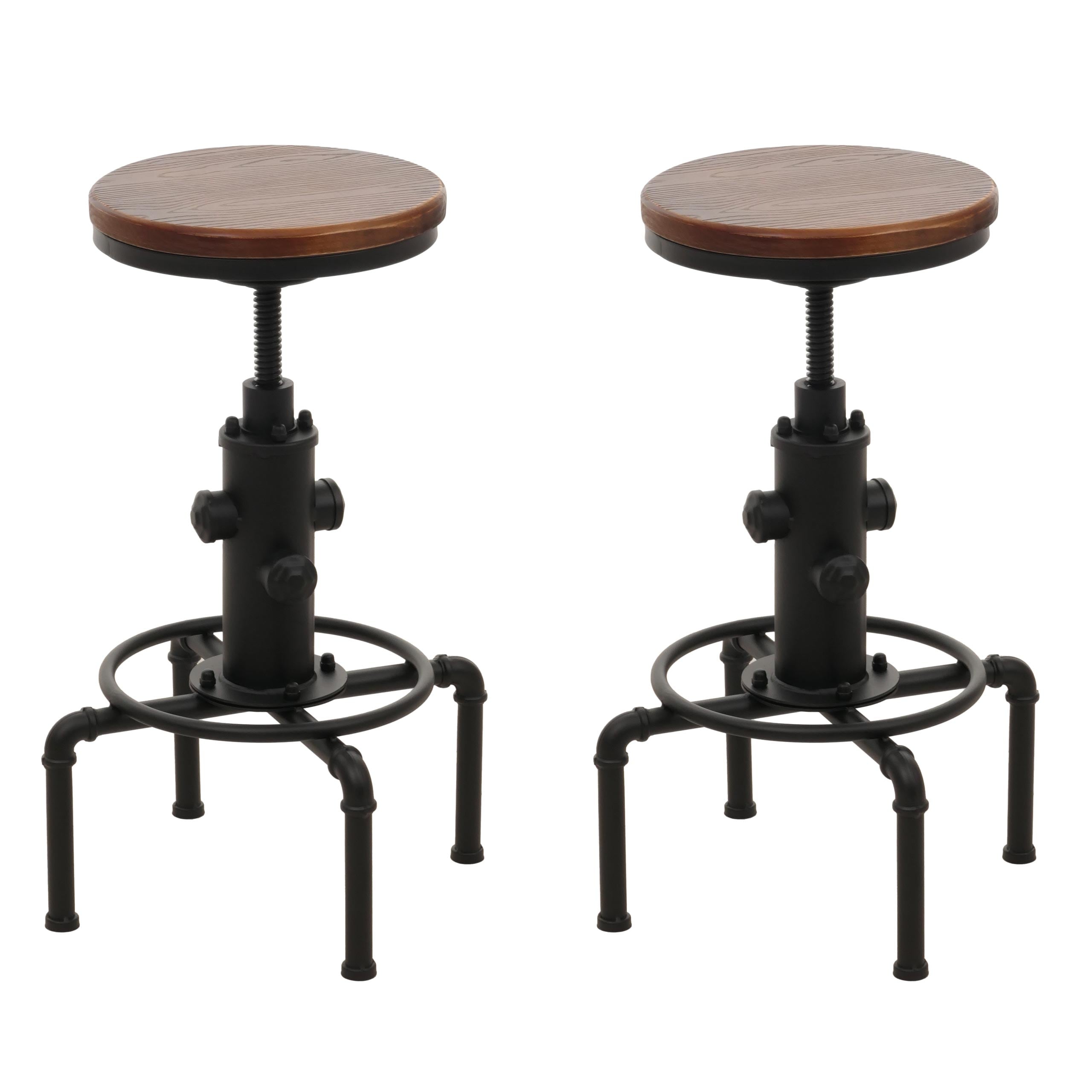 2er-Set Barhocker MCW-N23, Barstuhl Tresenhocker h&ouml;henverstellbar drehbar Fu&szlig;ablage Industrial Eisen Massiv-Holz ~ braun 
