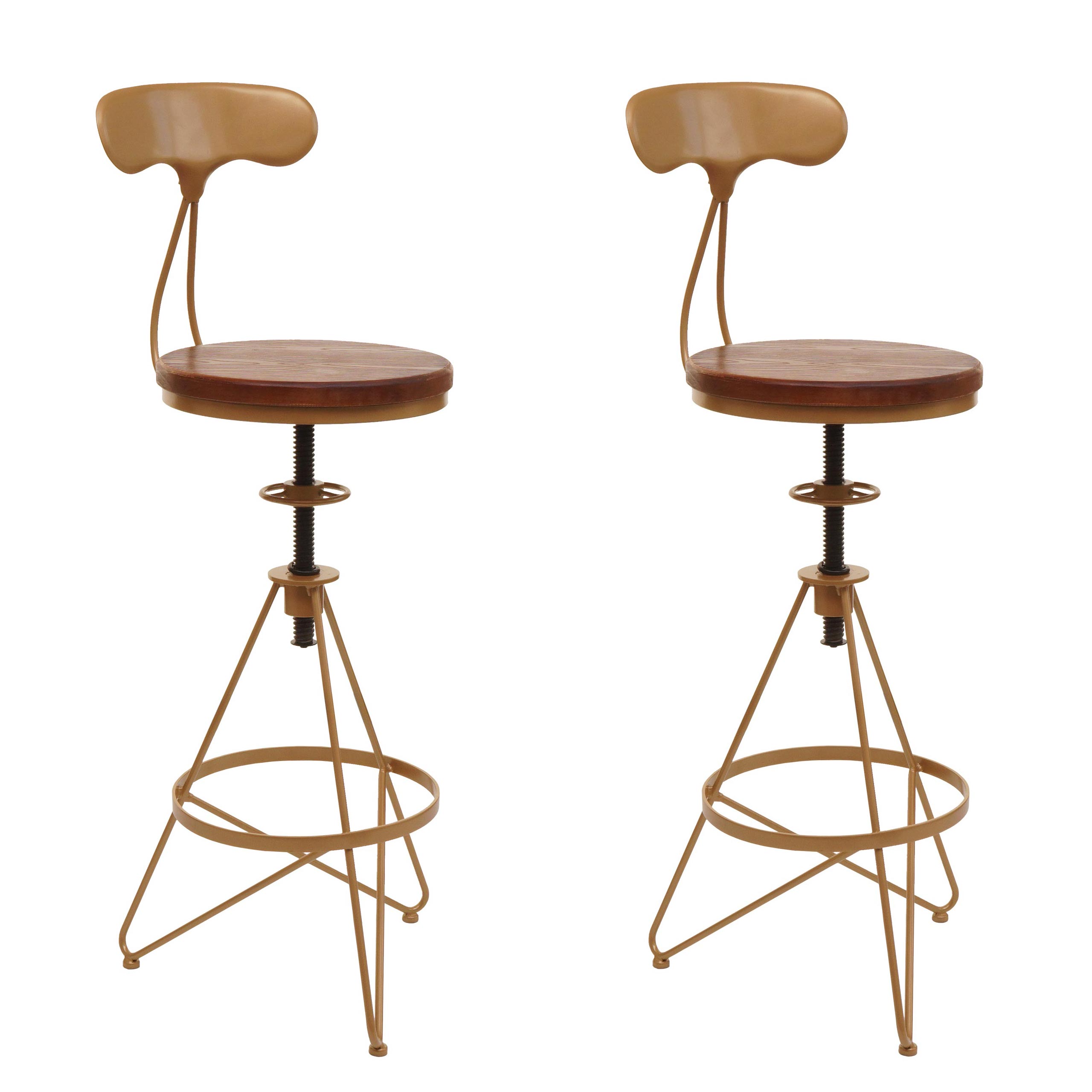 2er-Set Barhocker MCW-N18, Barstuhl, h&ouml;henverstellbar drehbar Fu&szlig;ablage, Industrial Metall Holz ~ braun, Gestell gold 