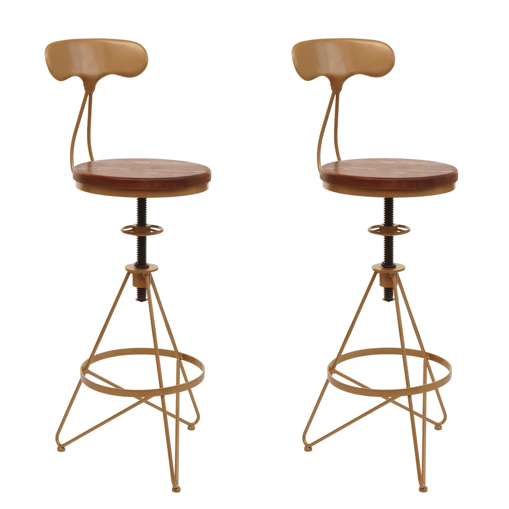 2er-Set Barhocker MCW-N18, Barstuhl, höhenverstellbar drehbar Fußablage, Industrial Metall Holz ~ braun, Gestell gold