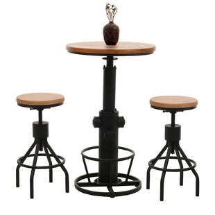 Set Bartisch + 2x Barhocker MCW-N17, Barstuhl Stehtisch höhenverstellbar drehbar Fußablage Industrial Holz ~ natur 