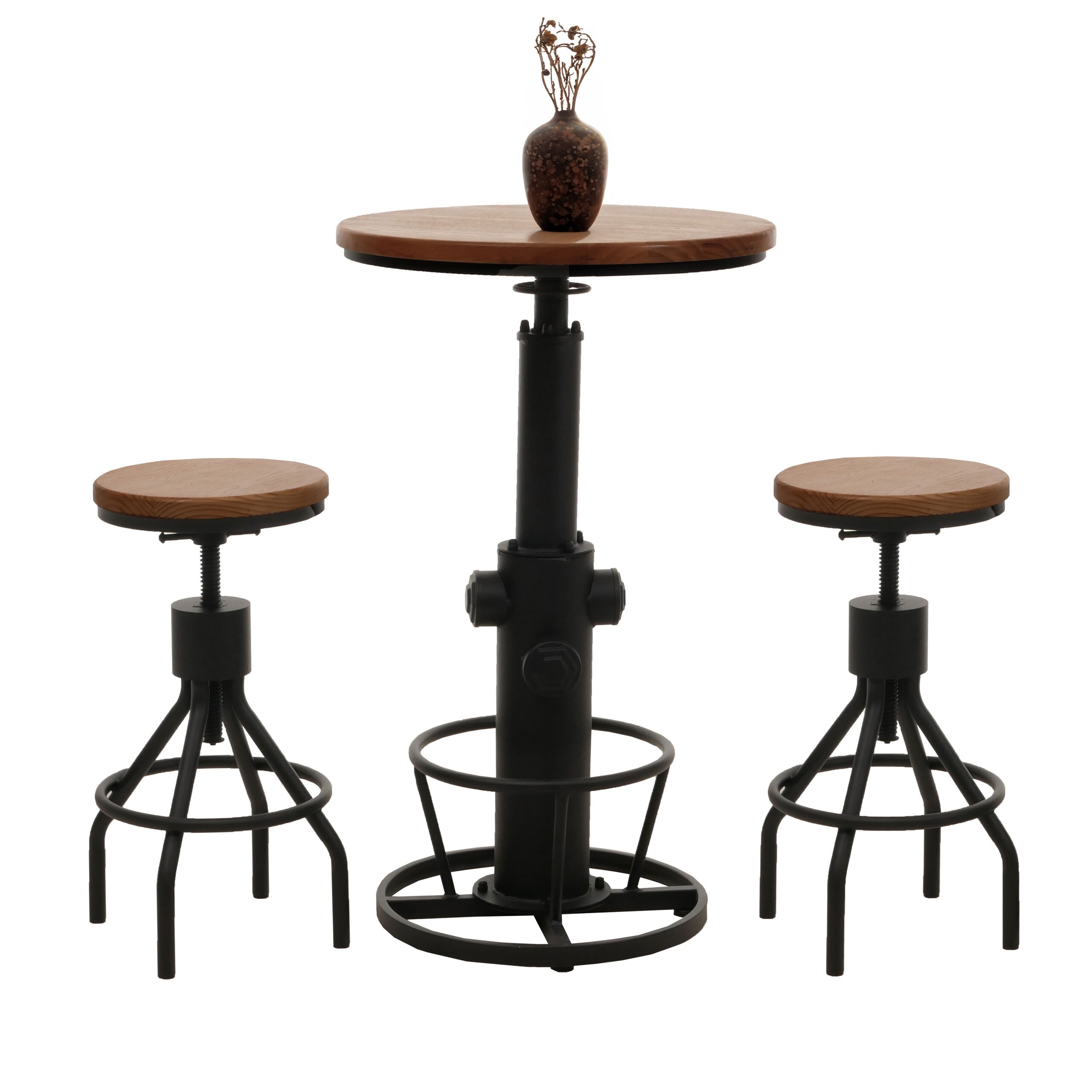 Set Bartisch + 2x Barhocker MCW-N17, Barstuhl Stehtisch h&ouml;henverstellbar drehbar Fu&szlig;ablage Industrial Holz ~ braun 