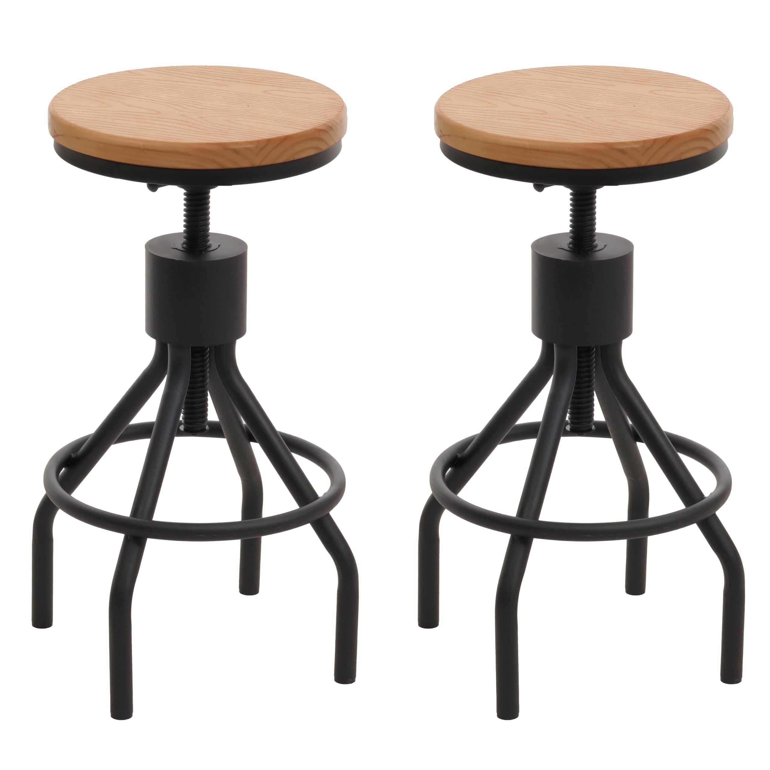 2er-Set Barhocker MCW-N17, Barstuhl, h&ouml;henverstellbar drehbar Fu&szlig;ablage Industrial Metall Massiv-Holz ~ natur 