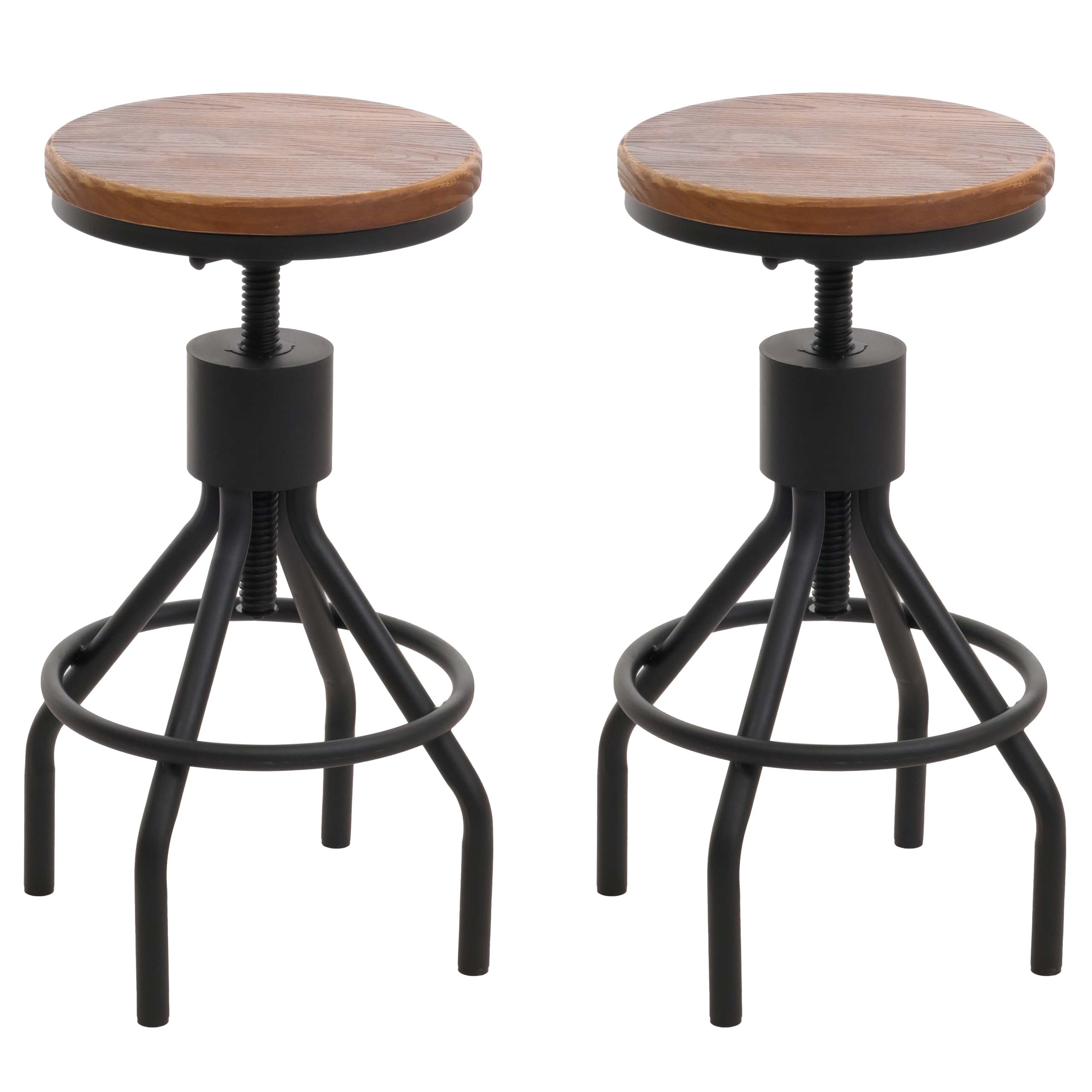 2er-Set Barhocker MCW-N17, Barstuhl, h&ouml;henverstellbar drehbar Fu&szlig;ablage Industrial Metall Massiv-Holz ~ braun 