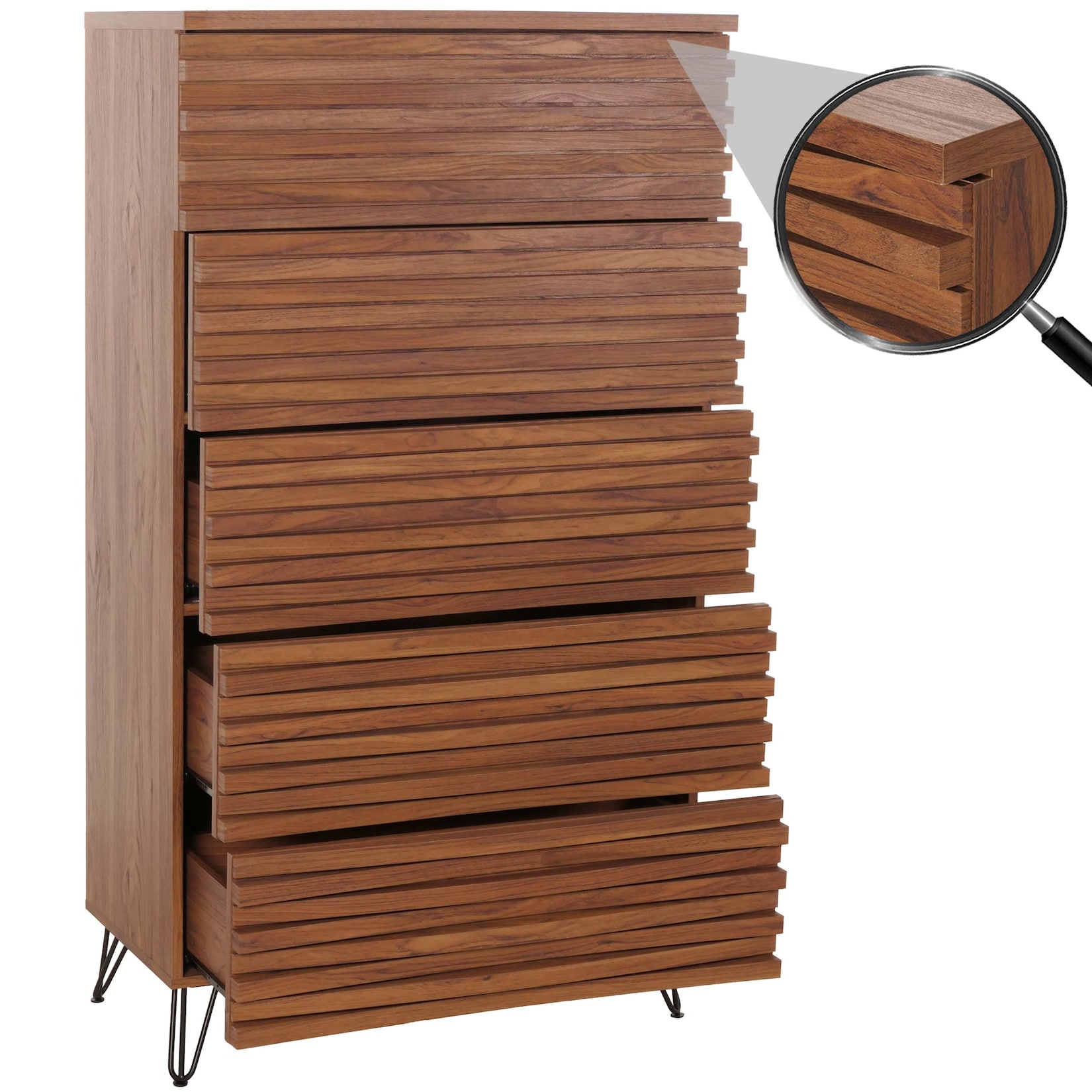 Kommode MCW-M49, Highboard Schrank, 3D-Design 5 Schubladen MDF Metall 145x80x44cm ~ Walnuss-Optik