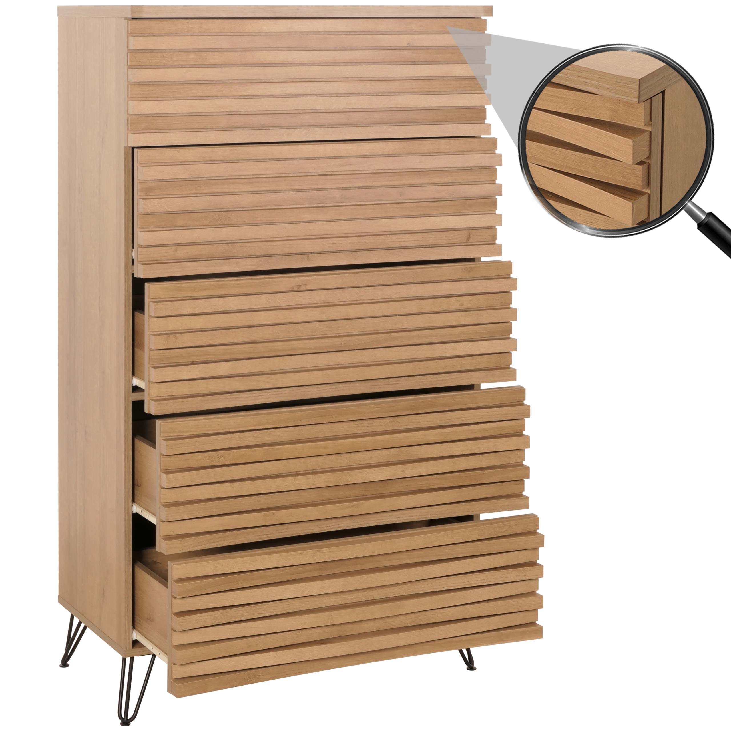 Kommode MCW-M49, Highboard Schrank, 3D-Design 5 Schubladen MDF Metall 145x80x44cm ~ natur 