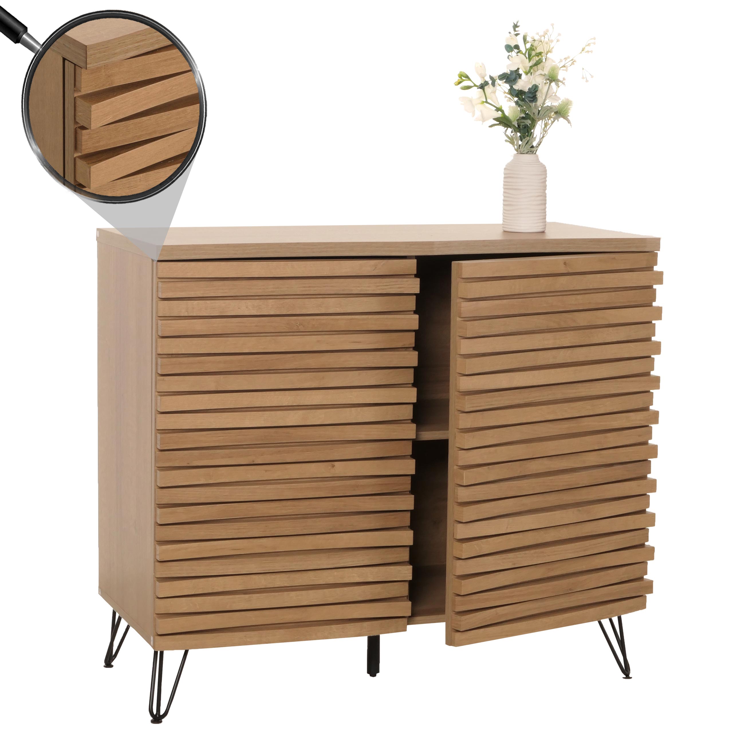 Kommode MCW-M49, Schrank Sideboard Highboard, 3D-Design Stauf&auml;cher, MDF Metall 85x95x45cm ~ natur 