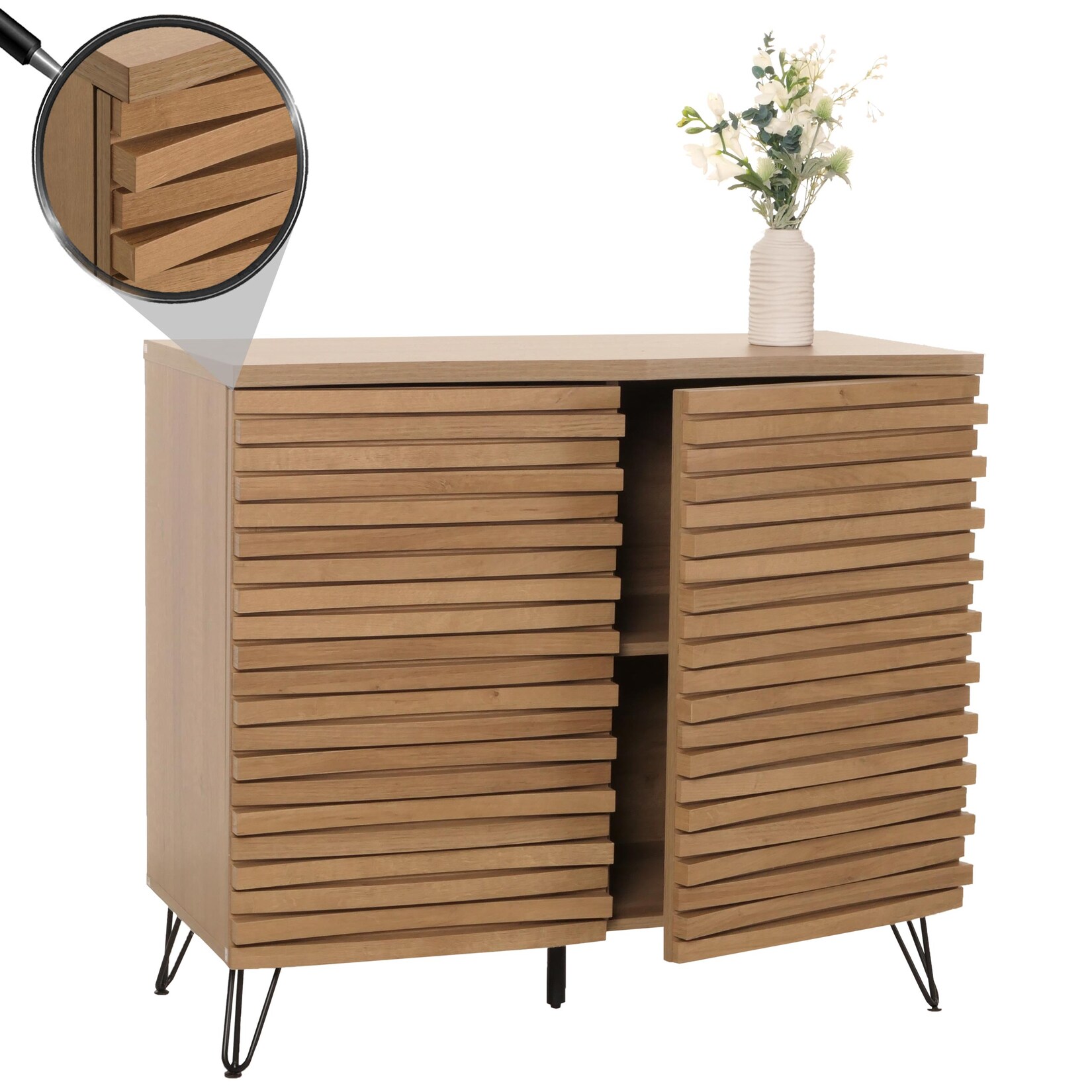 Kommode MCW-M49, Schrank Sideboard Highboard, 3D-Design Staufächer, MDF Metall 85x95x45cm ~ natur