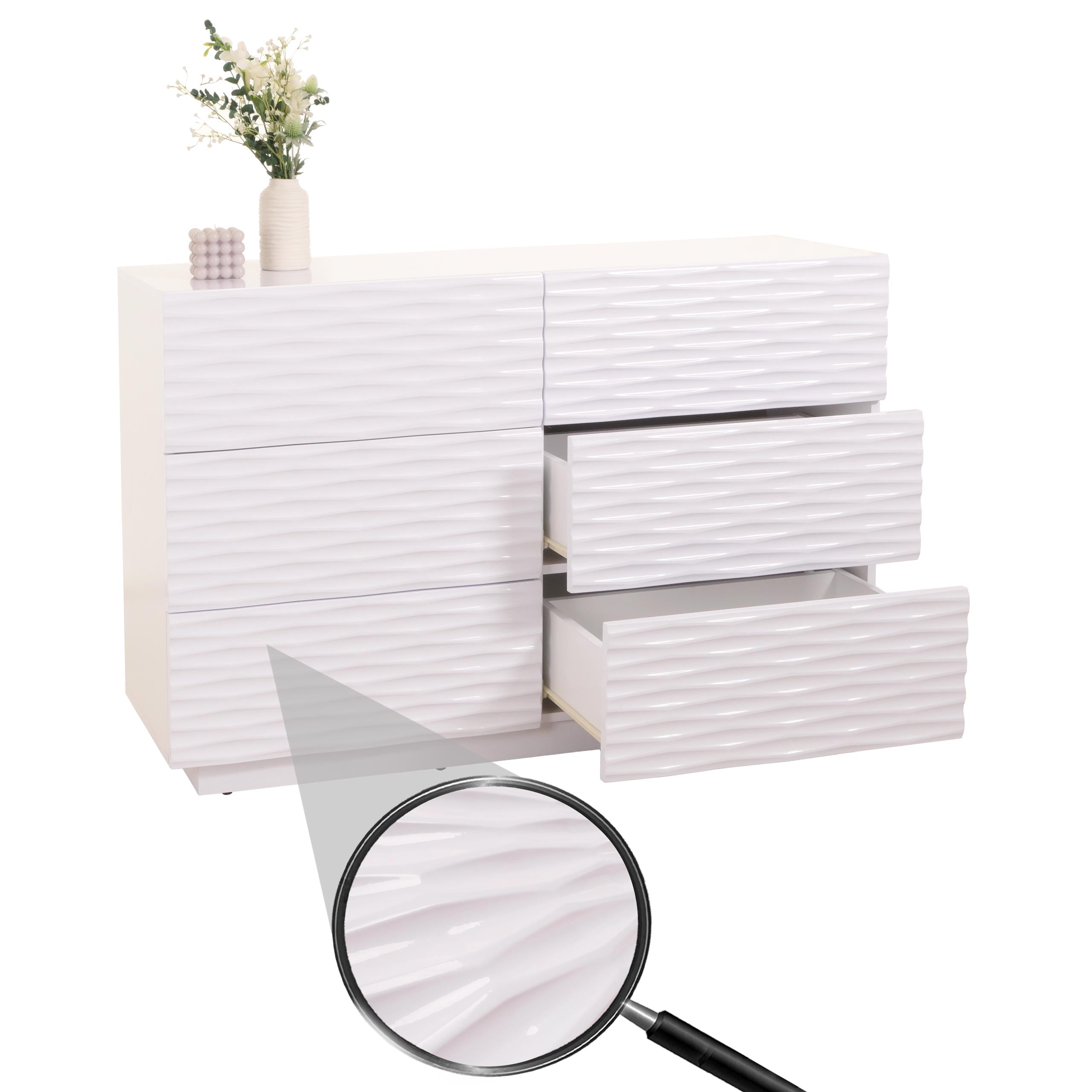 Kommode MCW-M52, Schrank Sideboard, 3D-Design Schubladen Push-to-open, 81x120x42cm Hochglanz wei&szlig; 
