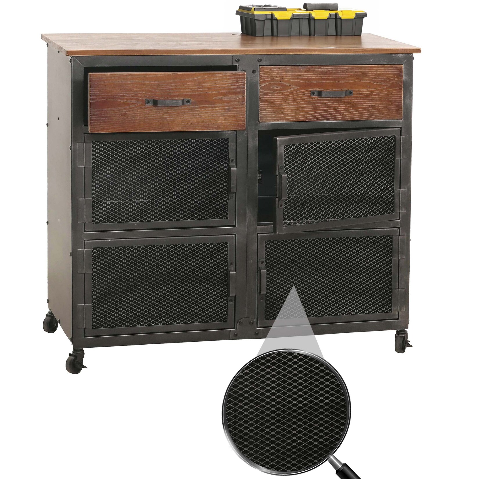 Werkstattwagen MCW-N28, Rollwagen, Rollen 2 Schubladen, 3D-Struktur Metall Holz 90x100x40cm ~ schwarz, braun