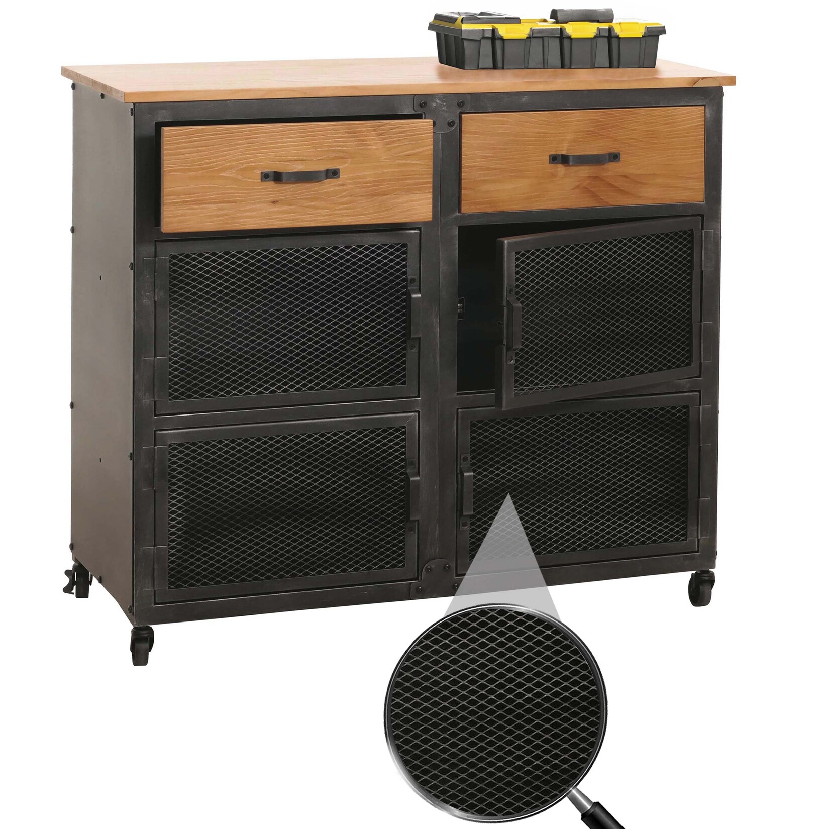 Werkstattwagen MCW-N28, Rollwagen, Rollen 2 Schubladen, 3D-Struktur Metall Holz 90x100x40cm ~ schwarz, natur