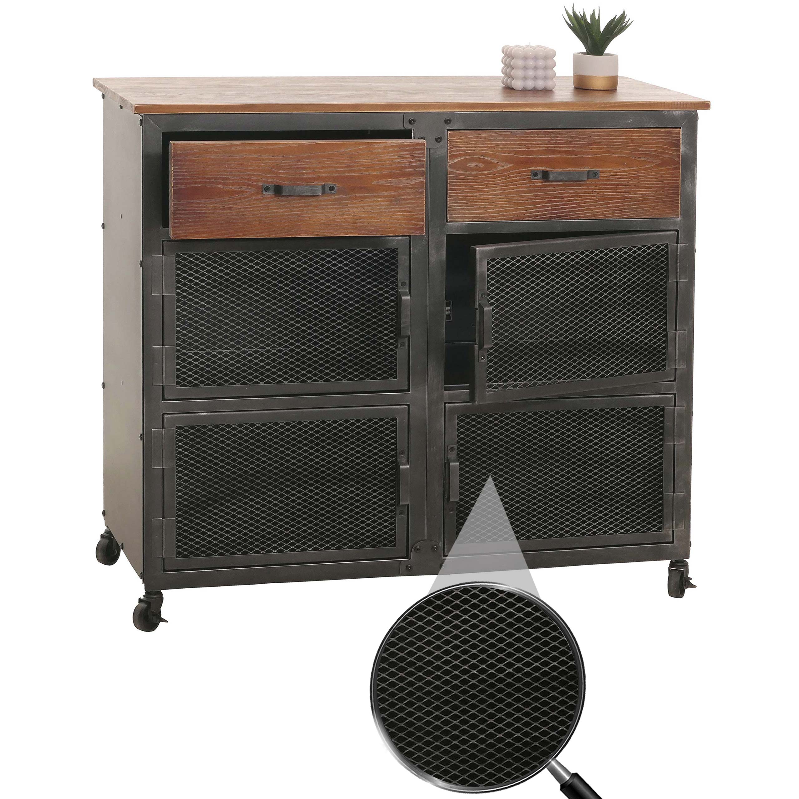 Kommode MCW-N28, Schrank, Rollen 2 Schubladen, 3D-Struktur Industrial Retro Metall Holz 90x100x40cm ~ schwarz, braun 