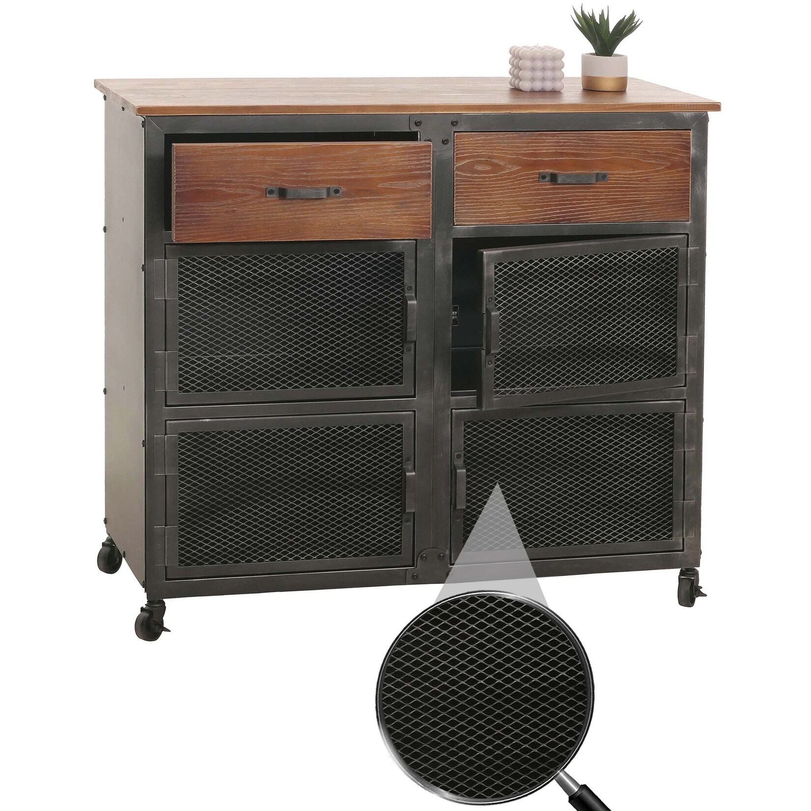 Kommode MCW-N28, Schrank, Rollen 2 Schubladen, 3D-Struktur Industrial Retro Metall Holz 90x100x40cm ~ schwarz, braun