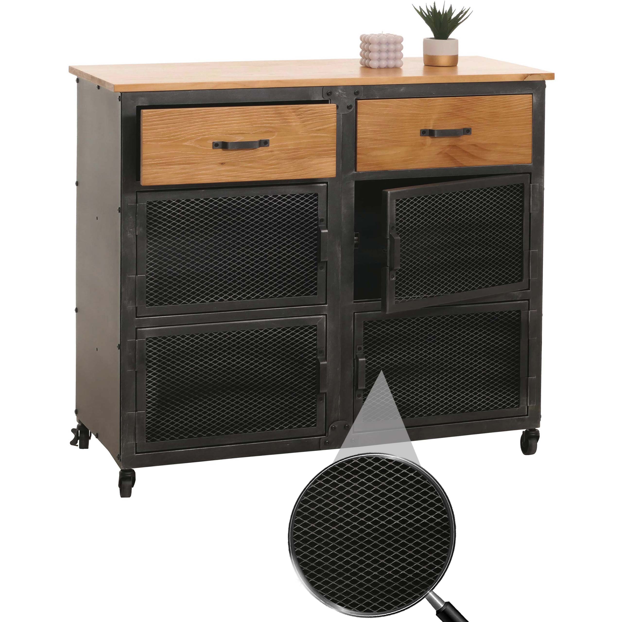 Kommode MCW-N28, Schrank, Rollen 2 Schubladen, 3D-Struktur Industrial Retro Metall Holz 90x100x40cm ~ schwarz, natur - Bild 1