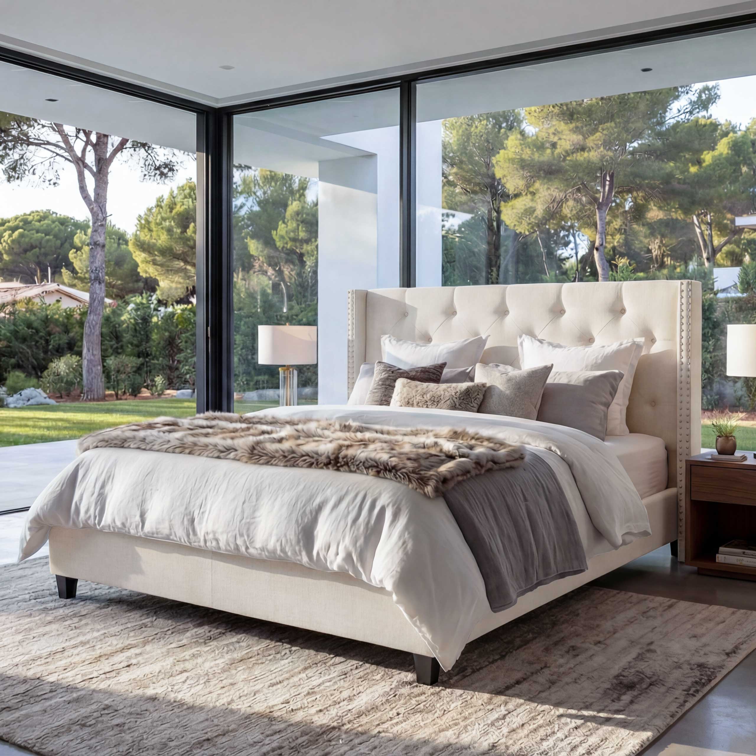 Polsterbett MCW-N59, Bett Doppelbett Bettgestell mit Lattenrost, Massivholz Stoff/Textil 180x200cm ~ creme-beige 